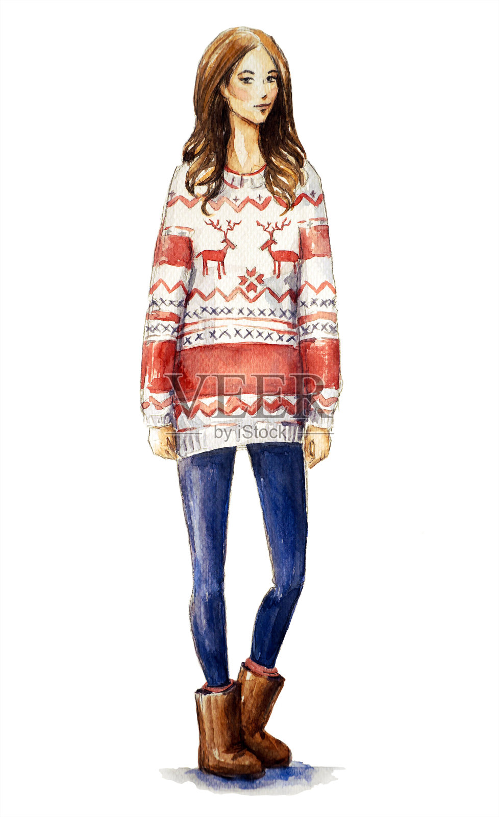 一个穿着圣诞毛衣的女孩的水彩插画。圣诞装扮，时尚插画。插画图片素材