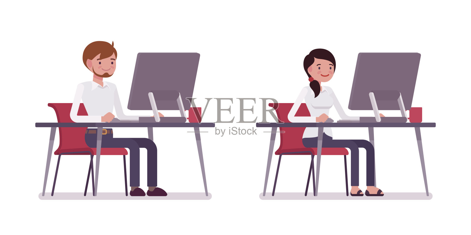 一组男女职员坐在电脑前插画图片素材