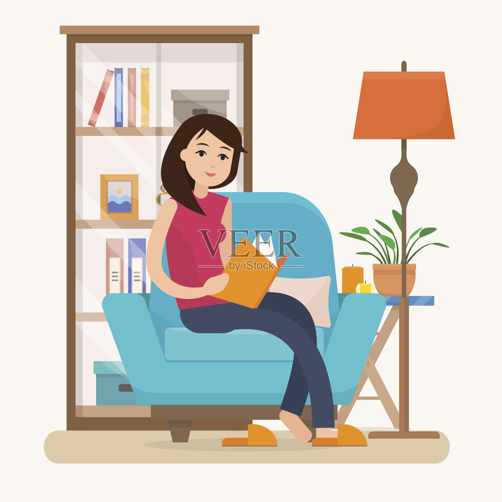 年轻女子在家里的椅子上看书。插画图片素材