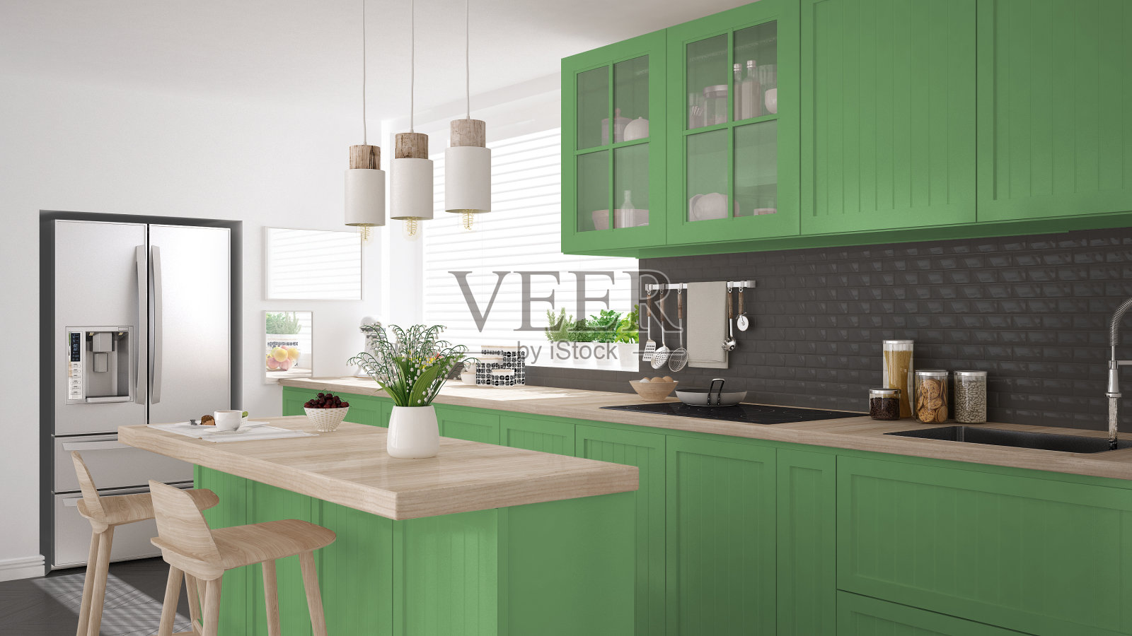 斯堪的纳维亚经典厨房，木制和绿色的细节，极简的室内设计照片摄影图片