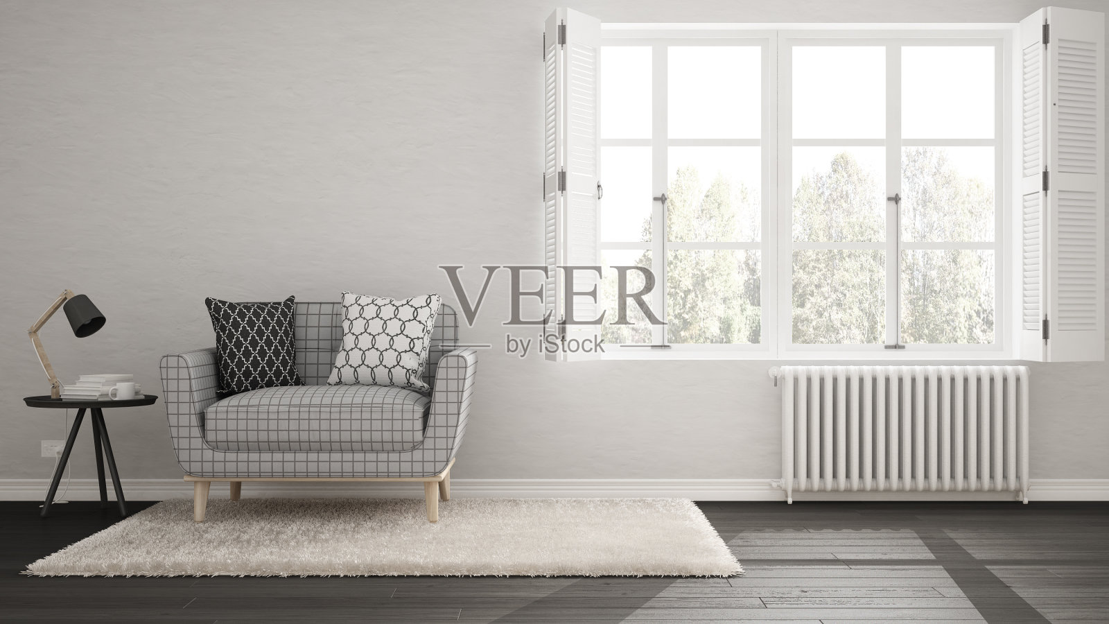 简约的客厅，简单的白色和灰色生活与大窗户，斯堪的纳维亚经典的室内设计照片摄影图片