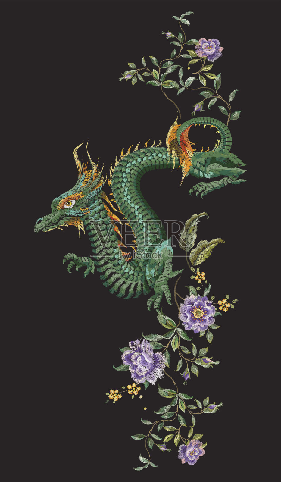 刺绣东方花卉图案与绿龙和玫瑰。插画图片素材