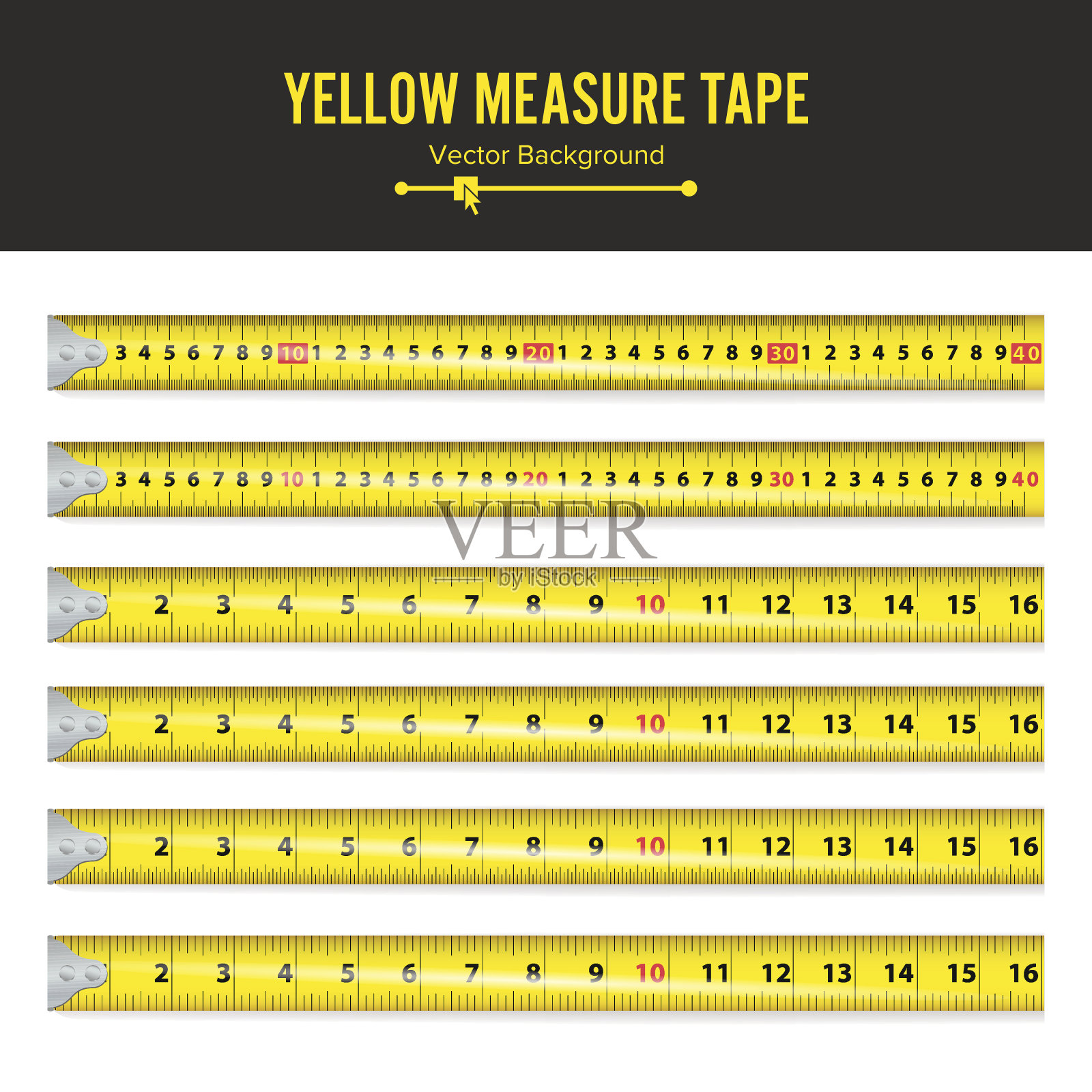 黄色测量带向量。测量工具设备的英寸。几种变体，比例缩放插画图片素材
