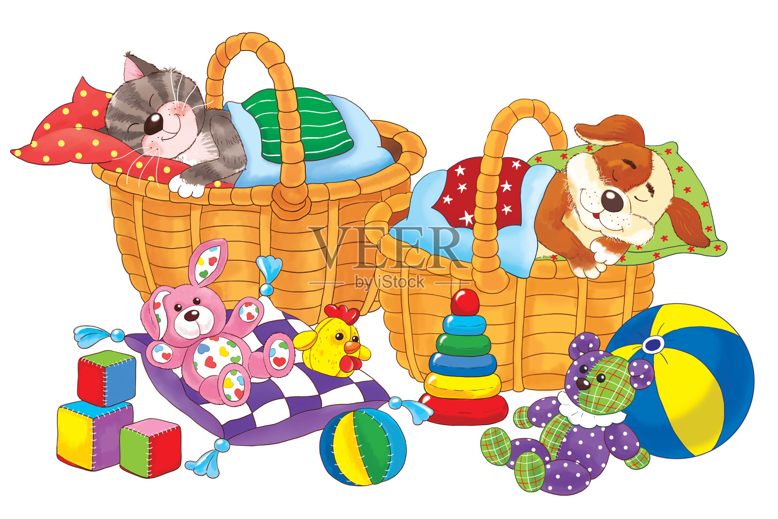 小猫和小狗在篮子里。对儿童插图。可爱和有趣的卡通人物插画图片素材