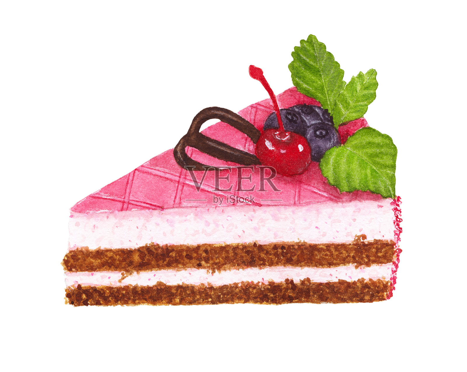 用樱桃、蓝莓、薄荷和巧克力装饰的水彩画蛋糕设计元素图片