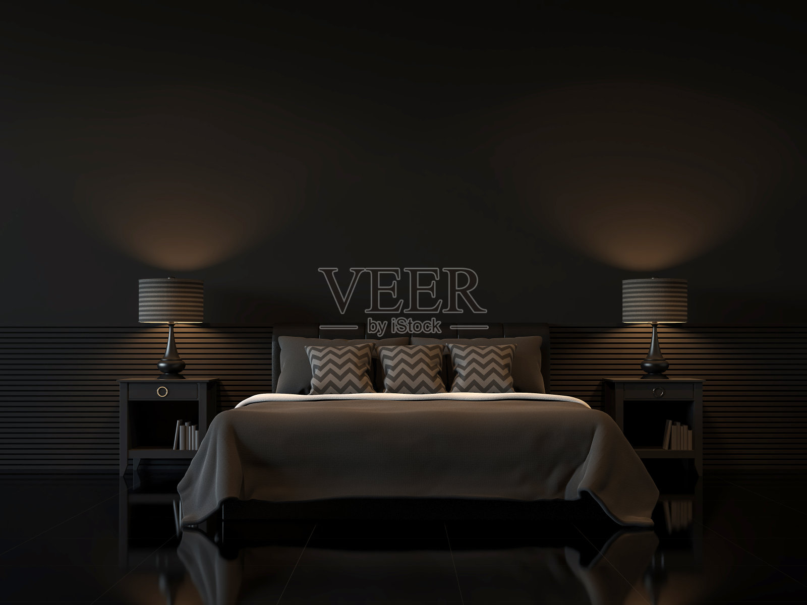 现代卧室室内与空白的黑色墙壁3d渲染图像照片摄影图片