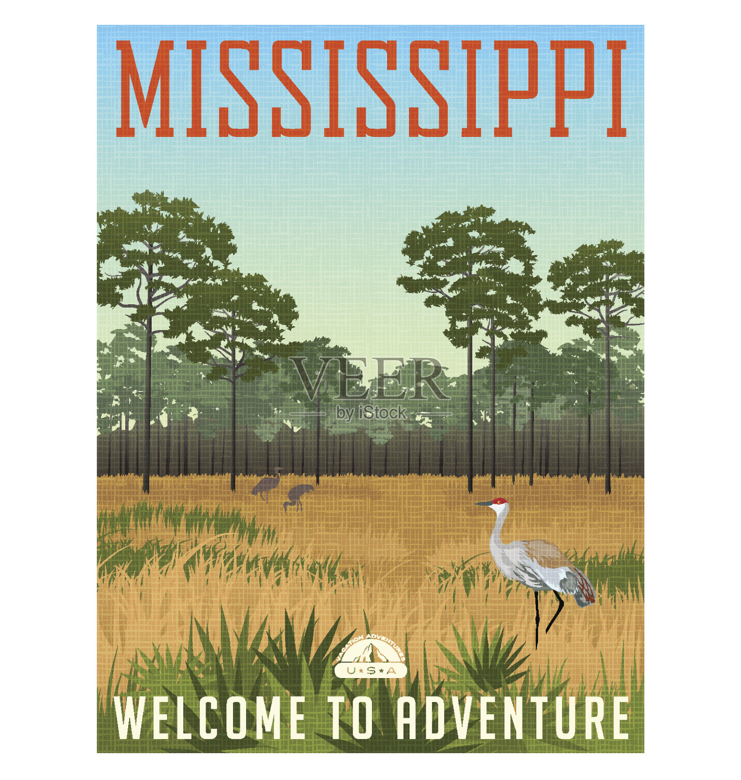密西西比州旅游海报或贴纸。湿地自然保护区沙丘鹤和松树矢量图设计模板素材