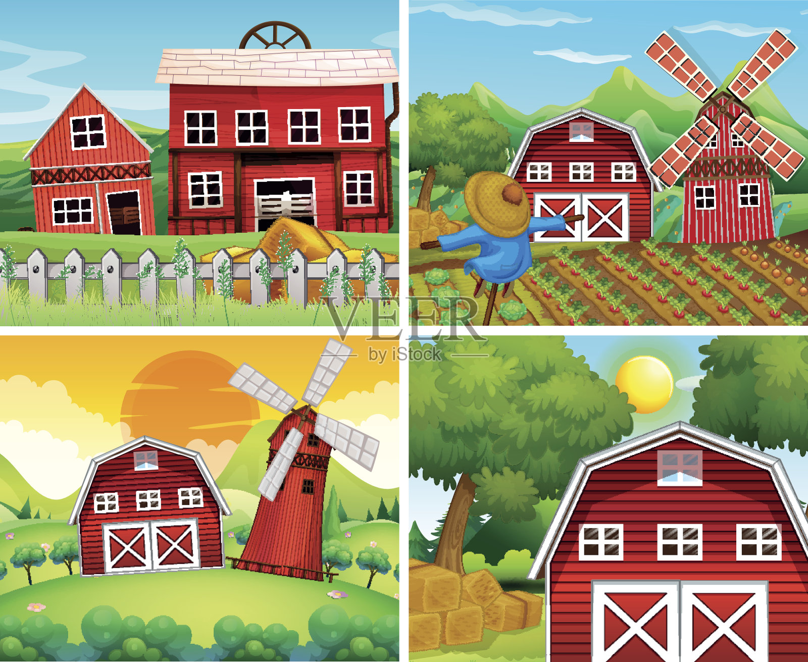四个农家庭院插画图片素材