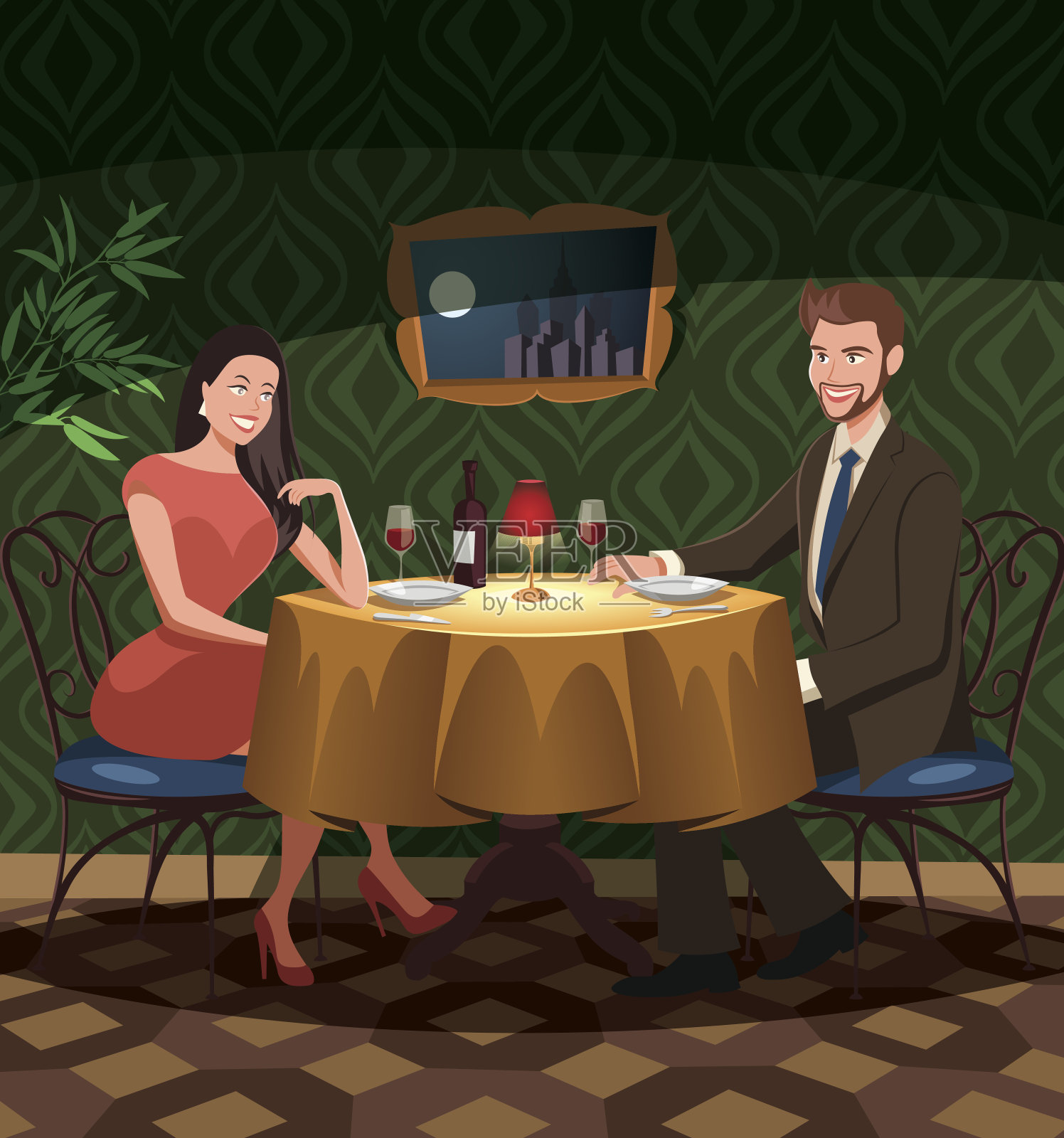 两对恋人在餐厅约会插画图片素材