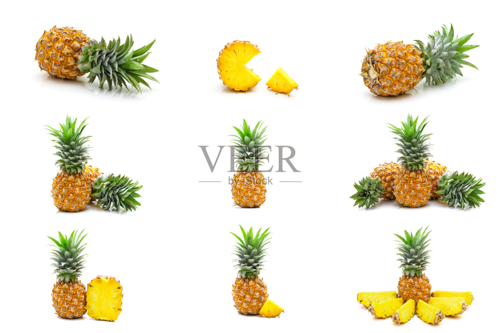 采集组菠萝水果片孤立在白色的背景照片摄影图片