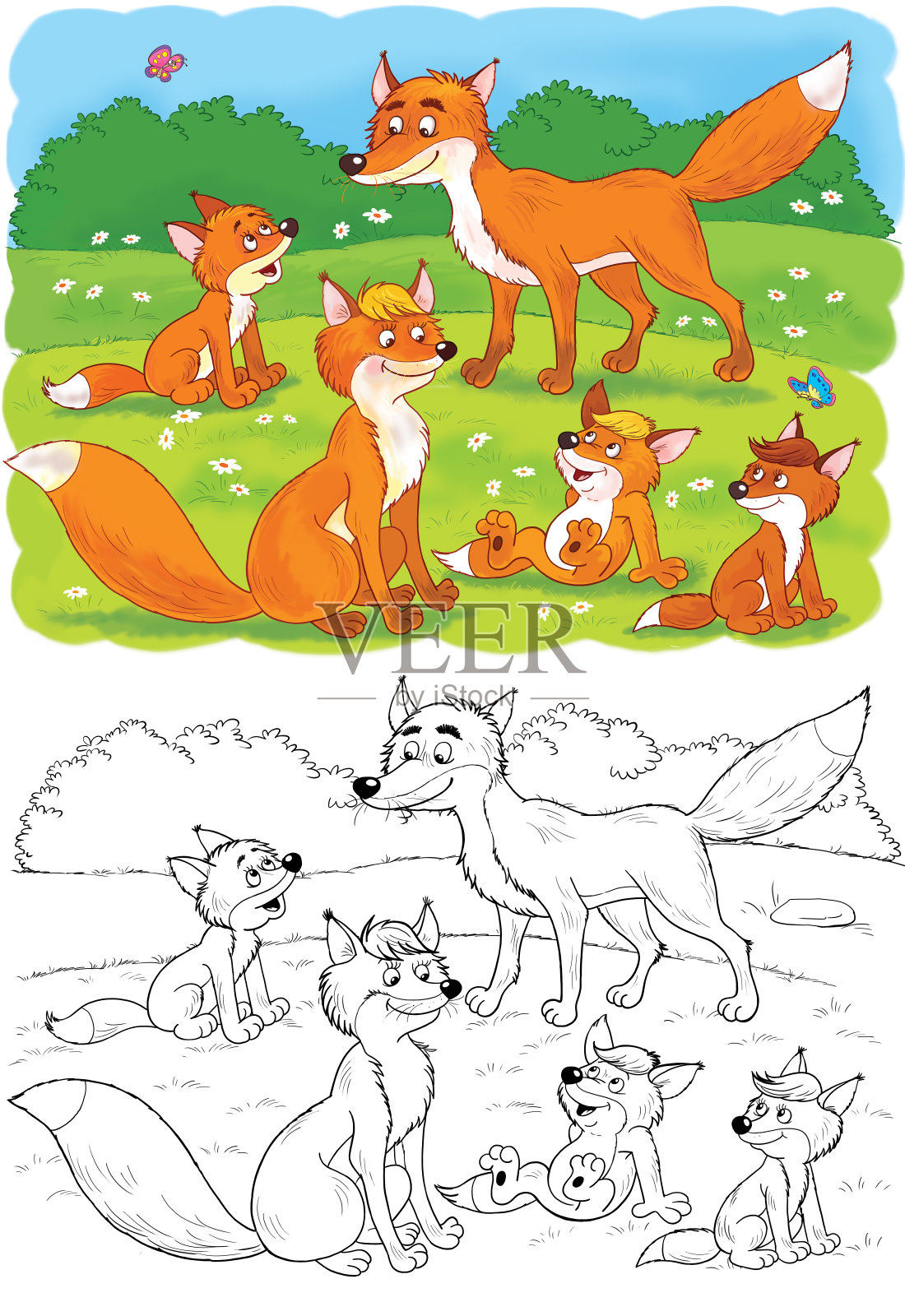 在动物园里。可爱的林地动物。狐狸。对儿童插图。着色页面。有趣的卡通人物插画图片素材