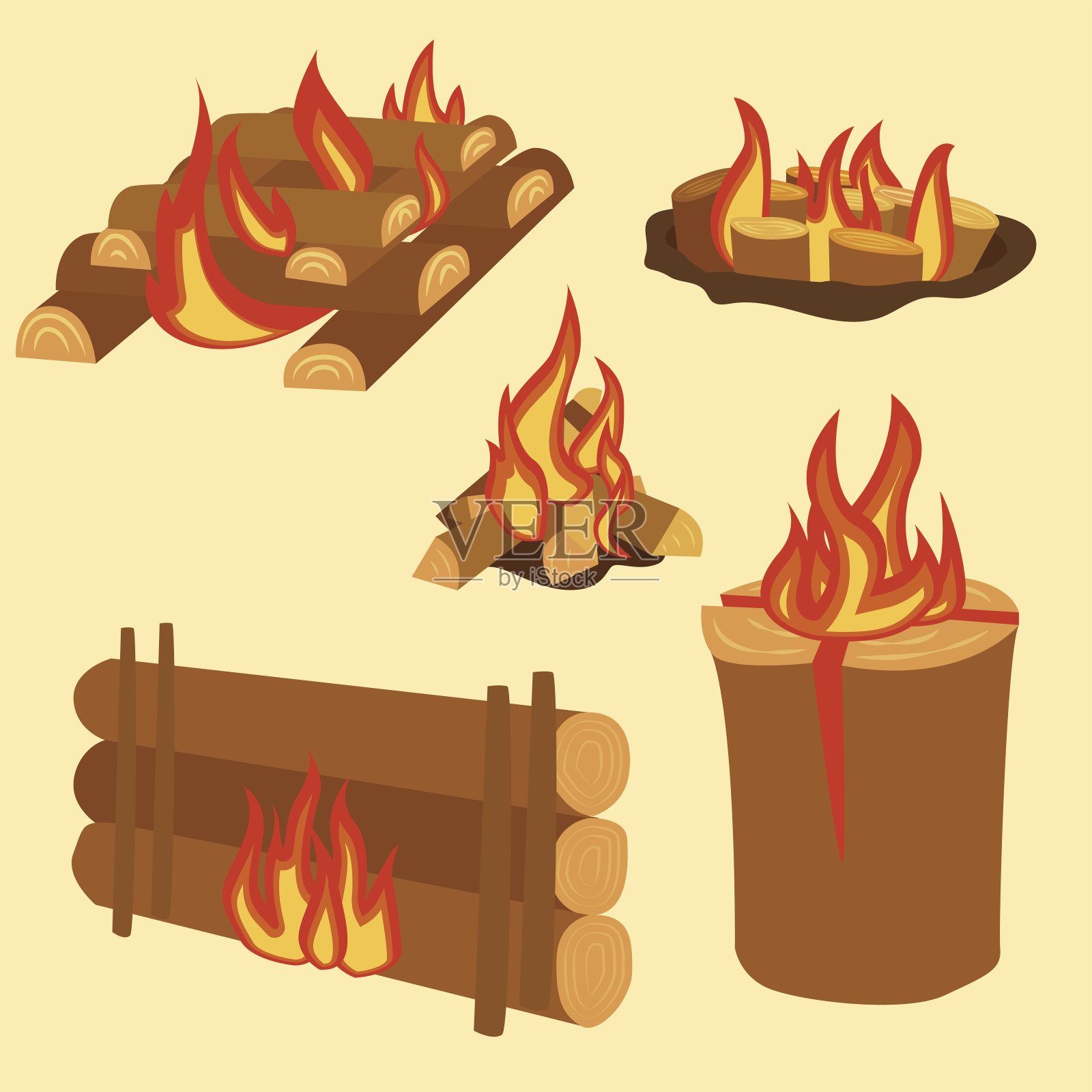 孤立插图的营火原木燃烧篝火和柴火堆栈向量插画图片素材
