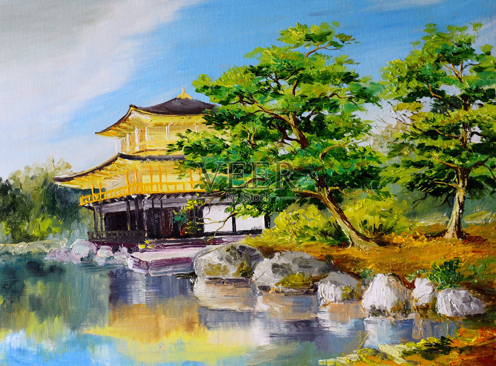 油画-日本花园，日本家附近的湖插画图片素材