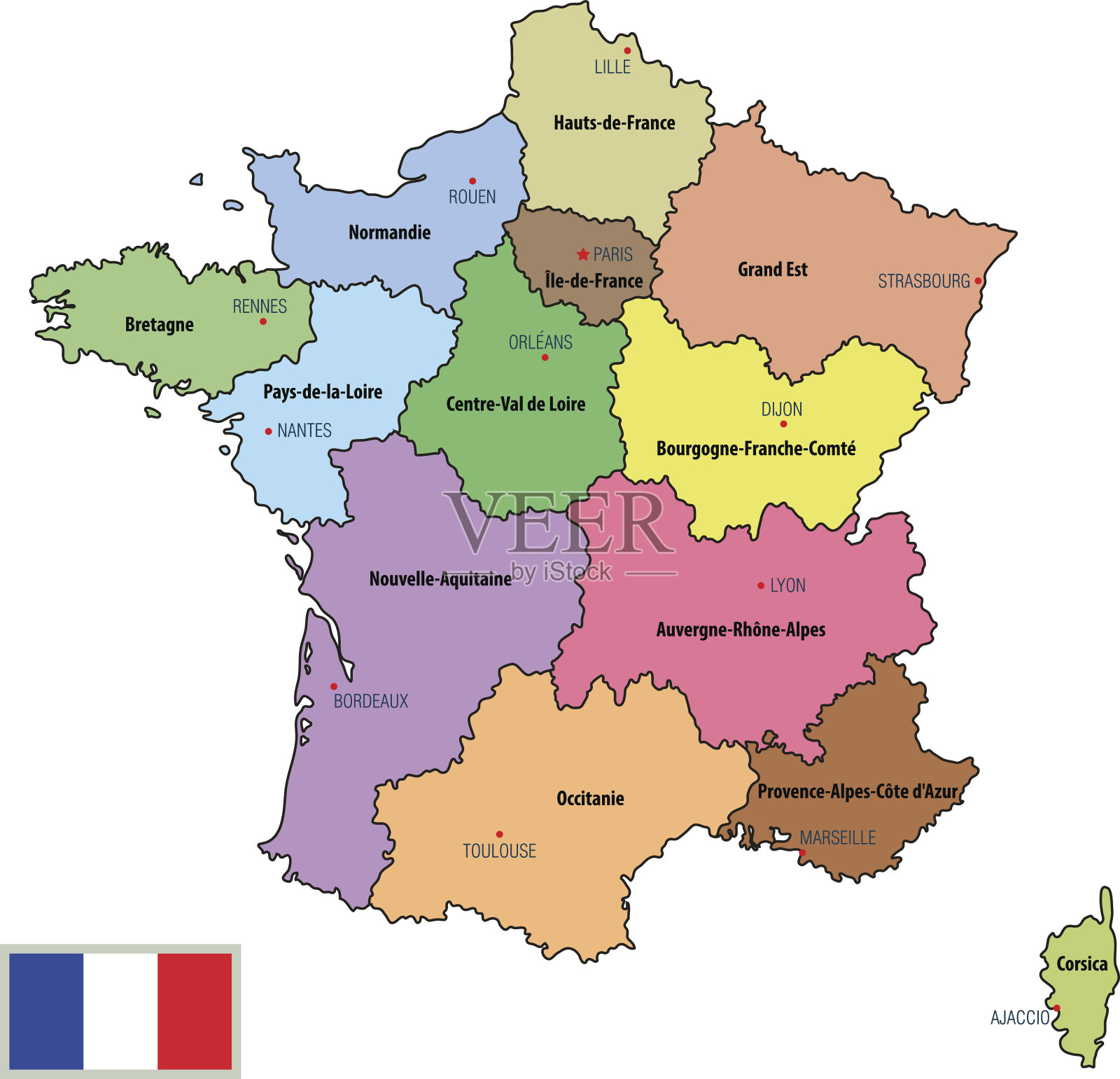 法国地图上有地区和它们的首都插画图片素材
