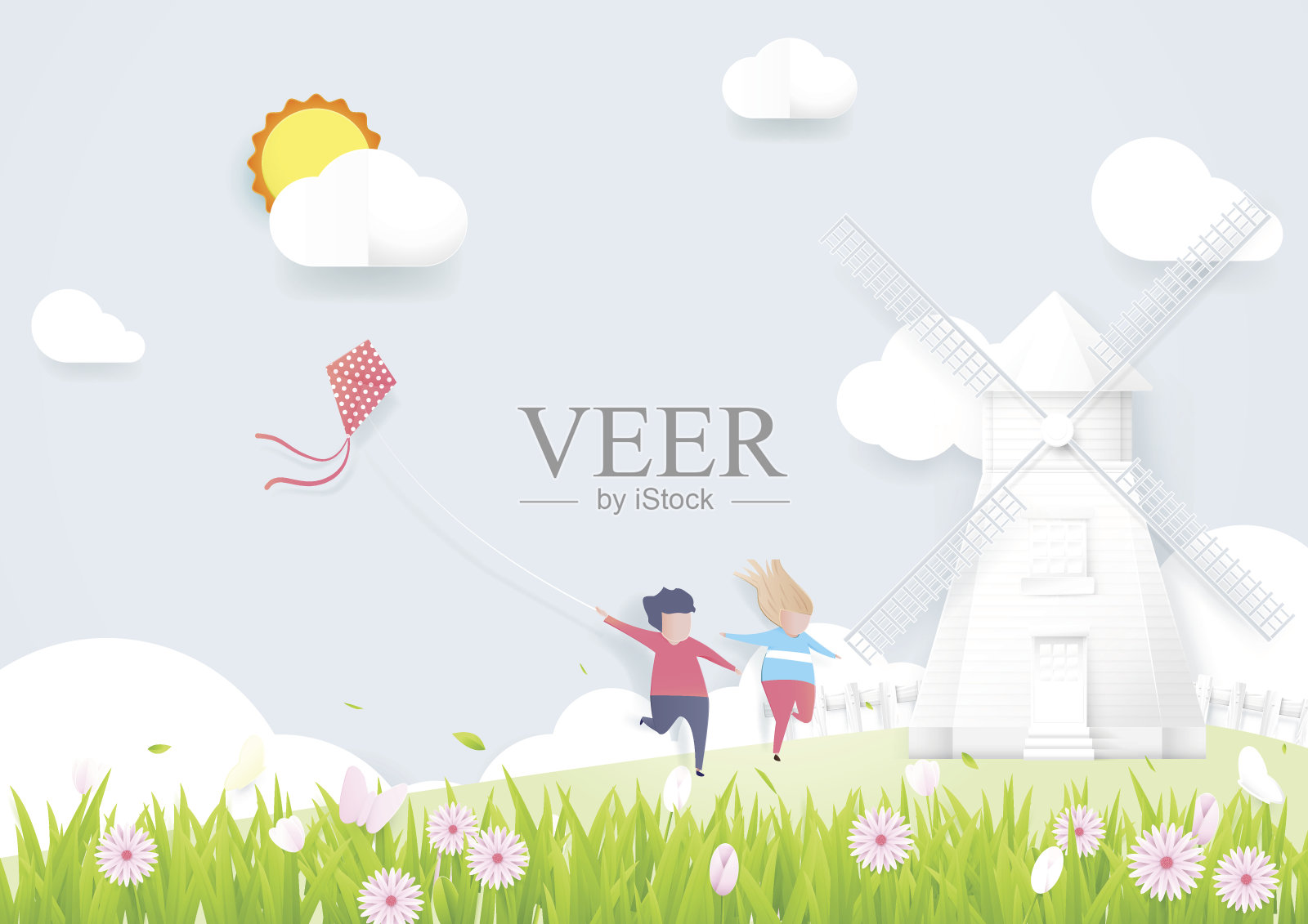 春季的概念。男孩和女孩和风车玩风筝设计元素图片
