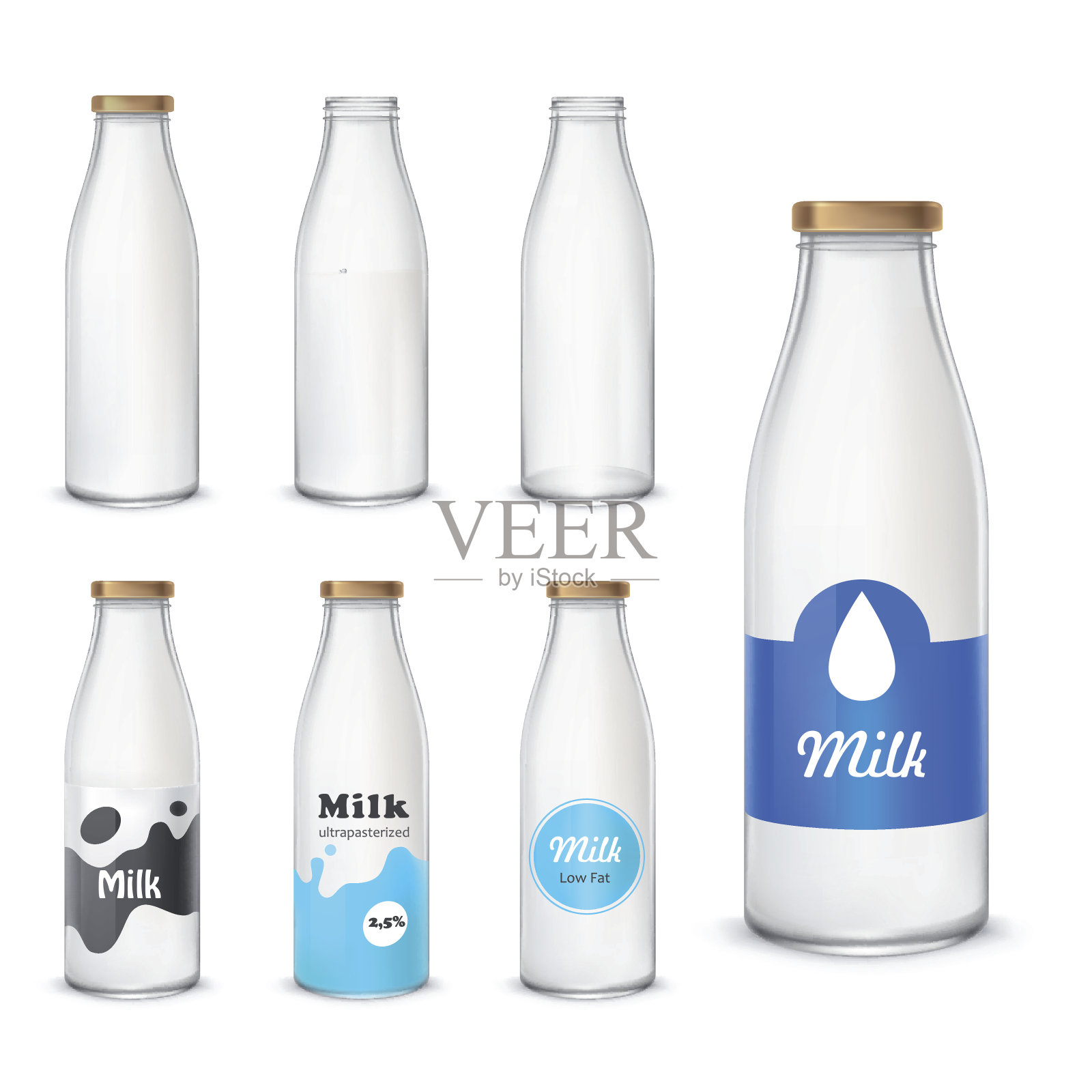一组图标玻璃瓶与牛奶在一个现实的风格设计元素图片