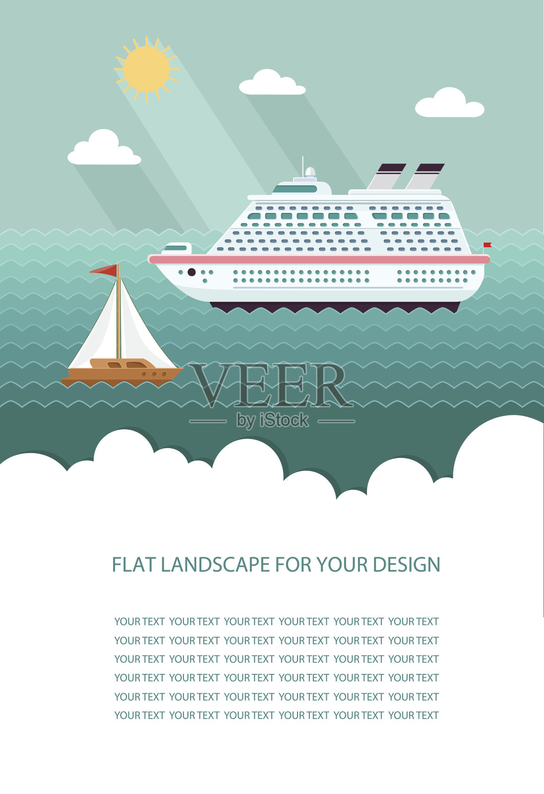 旅游船，海上船。传单，旅行社印刷设计。平面风格矢量插图。插画图片素材