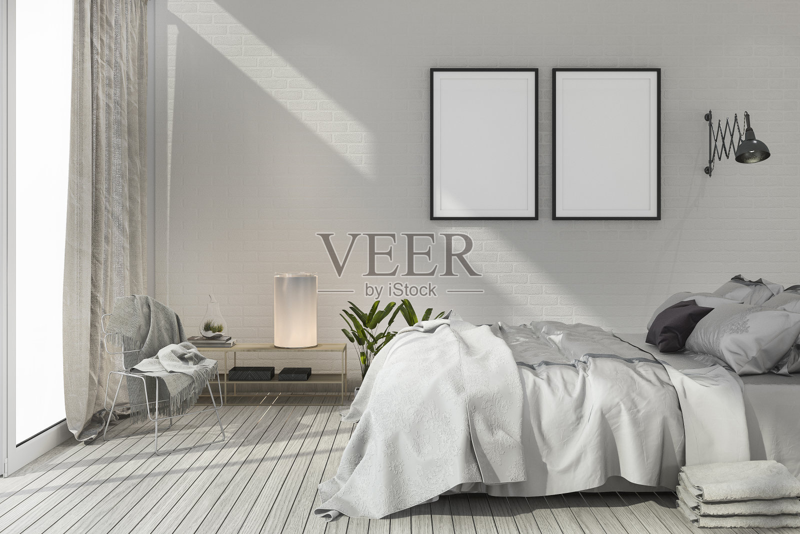 3d渲染模拟斯堪的纳维亚卧室与白色色调的木材照片摄影图片