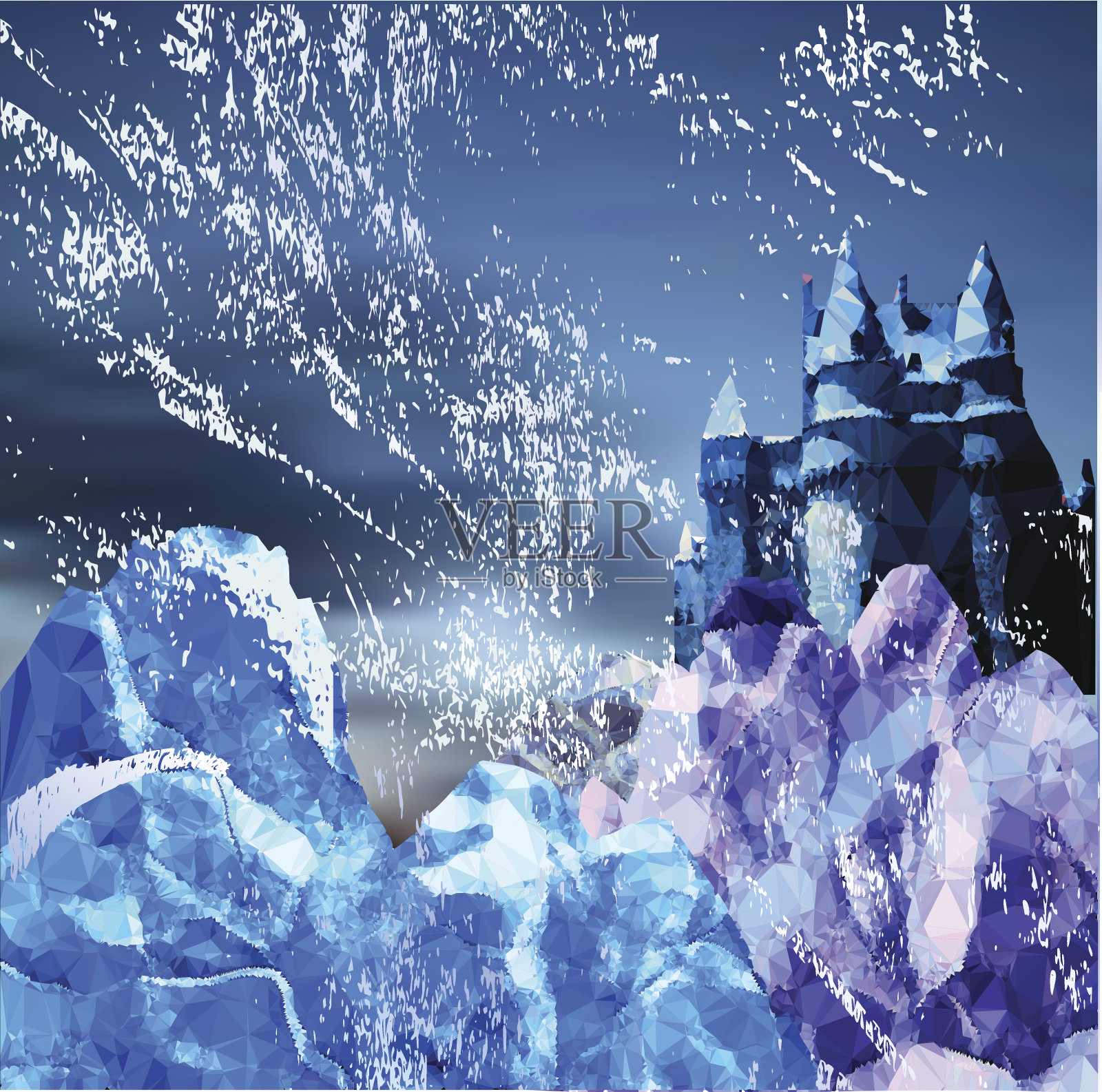 冬天的雪景有山脉，城堡和暴风雪插画图片素材