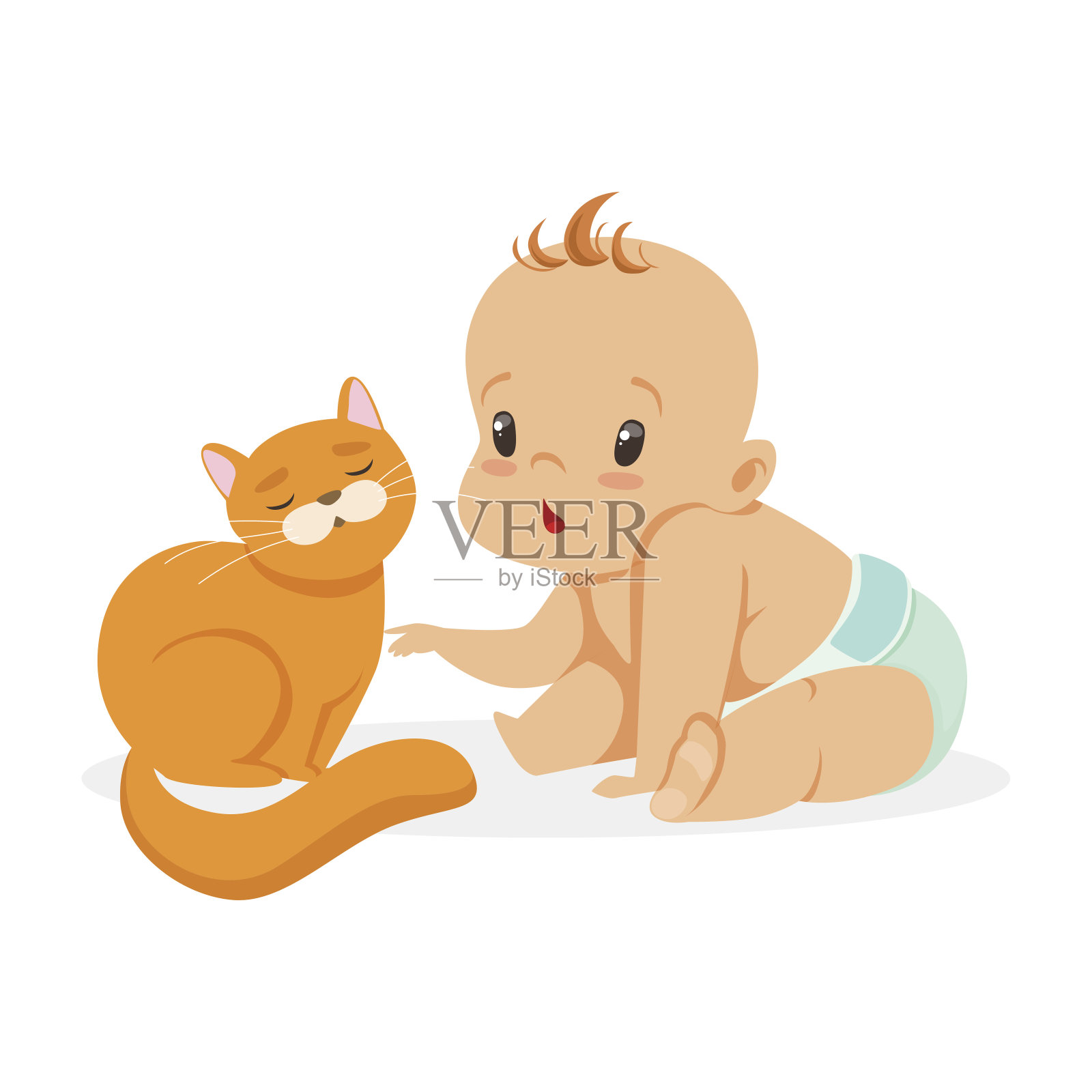 可爱的小宝贝坐着玩红猫，彩色卡通人物矢量插图插画图片素材