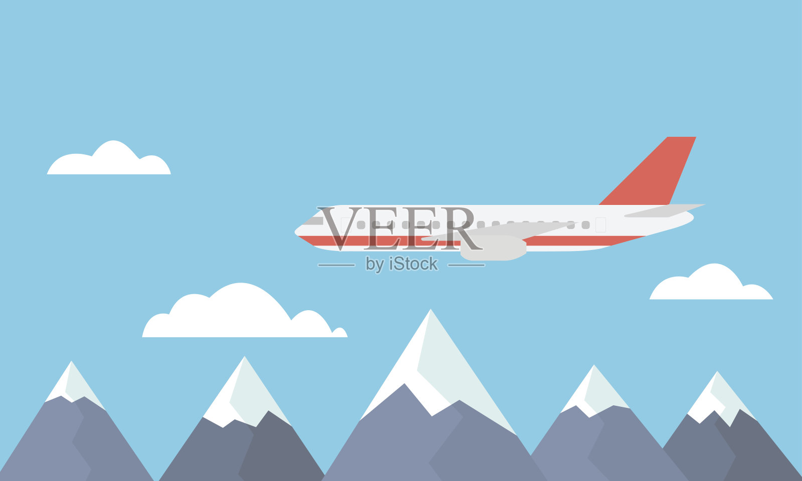 一架大型和快速的客机飞越山脉之间的云在蓝色的天空矢量插画图片素材