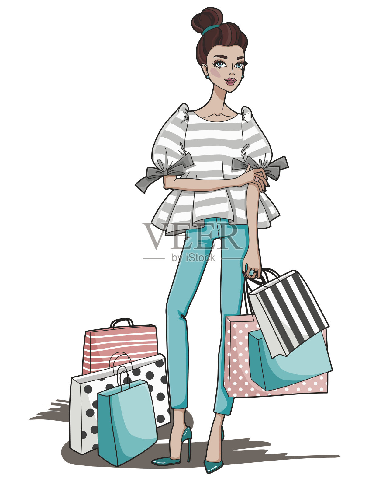 时尚女孩与购物袋。插画图片素材