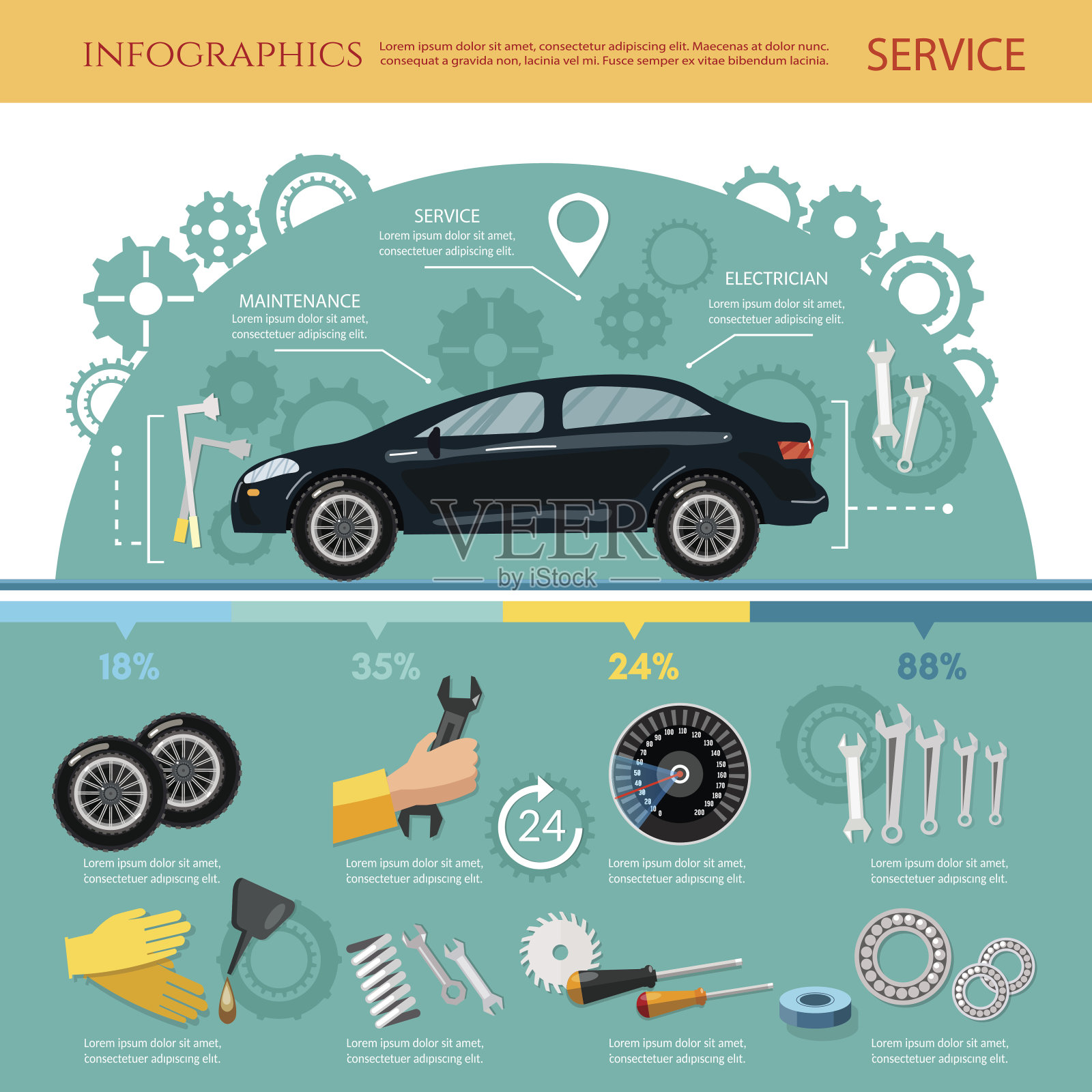 汽车服务信息图表机械工具调试诊断，轮胎服务，汽车修理插画图片素材