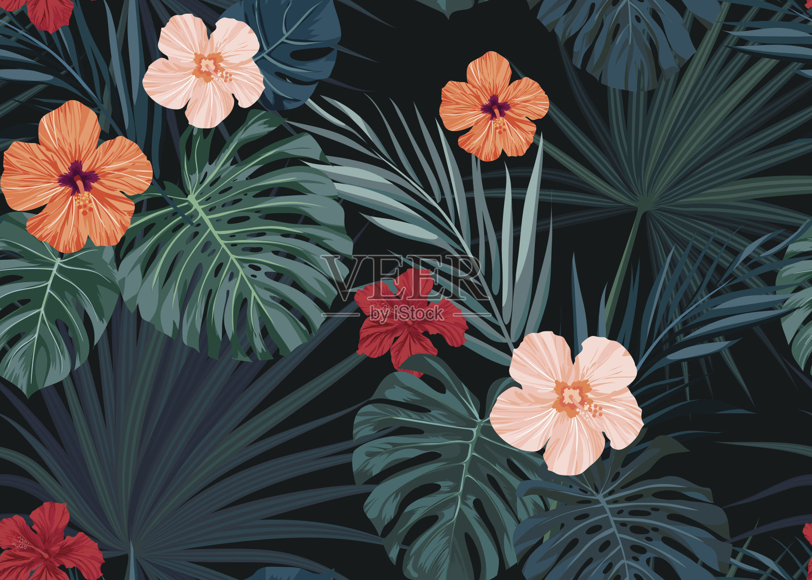 无缝手绘热带矢量图案木槿花和异国情调的棕榈叶在黑暗的背景插画图片素材