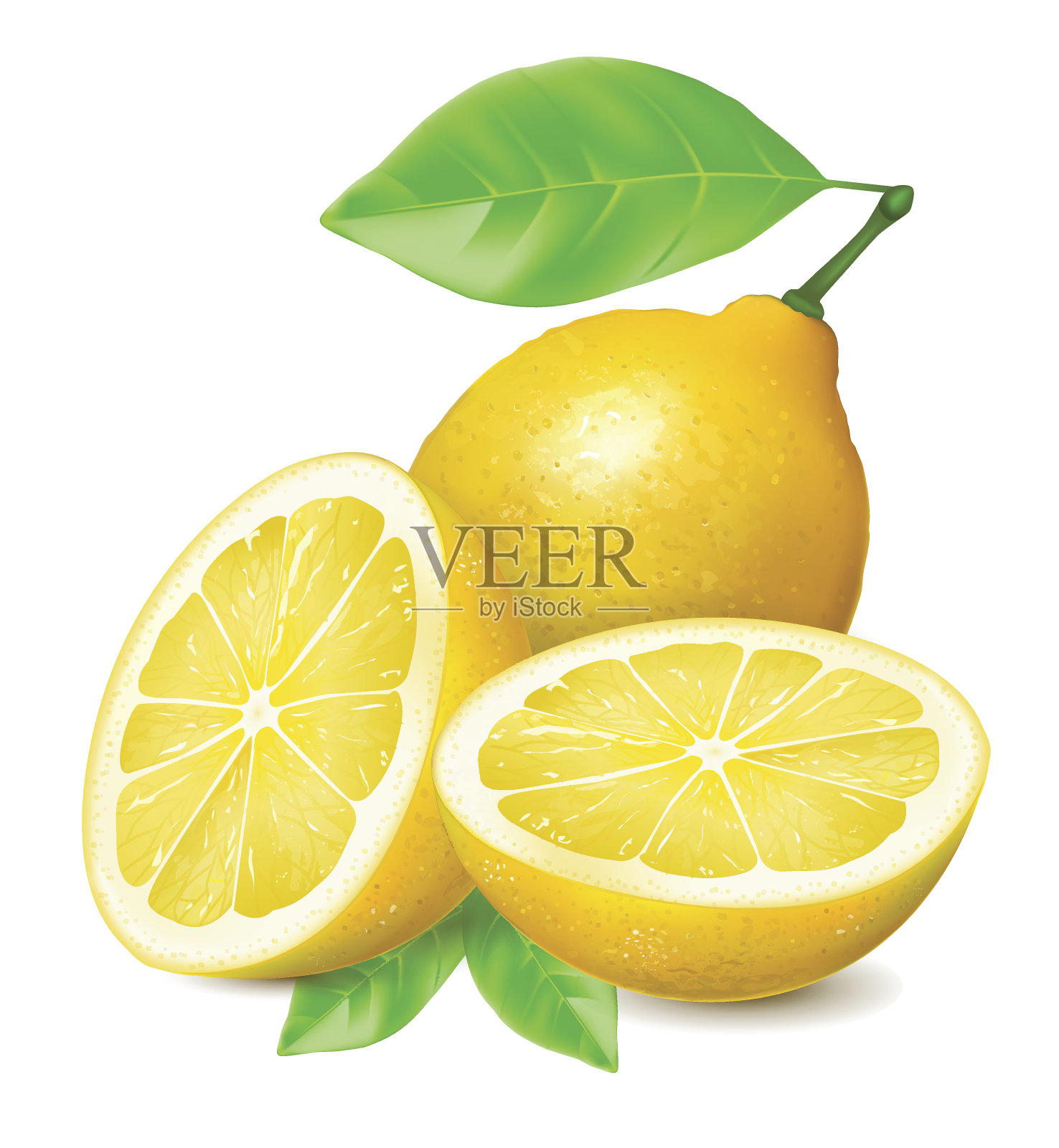 带叶子的熟透柠檬和半个柠檬。插画图片素材