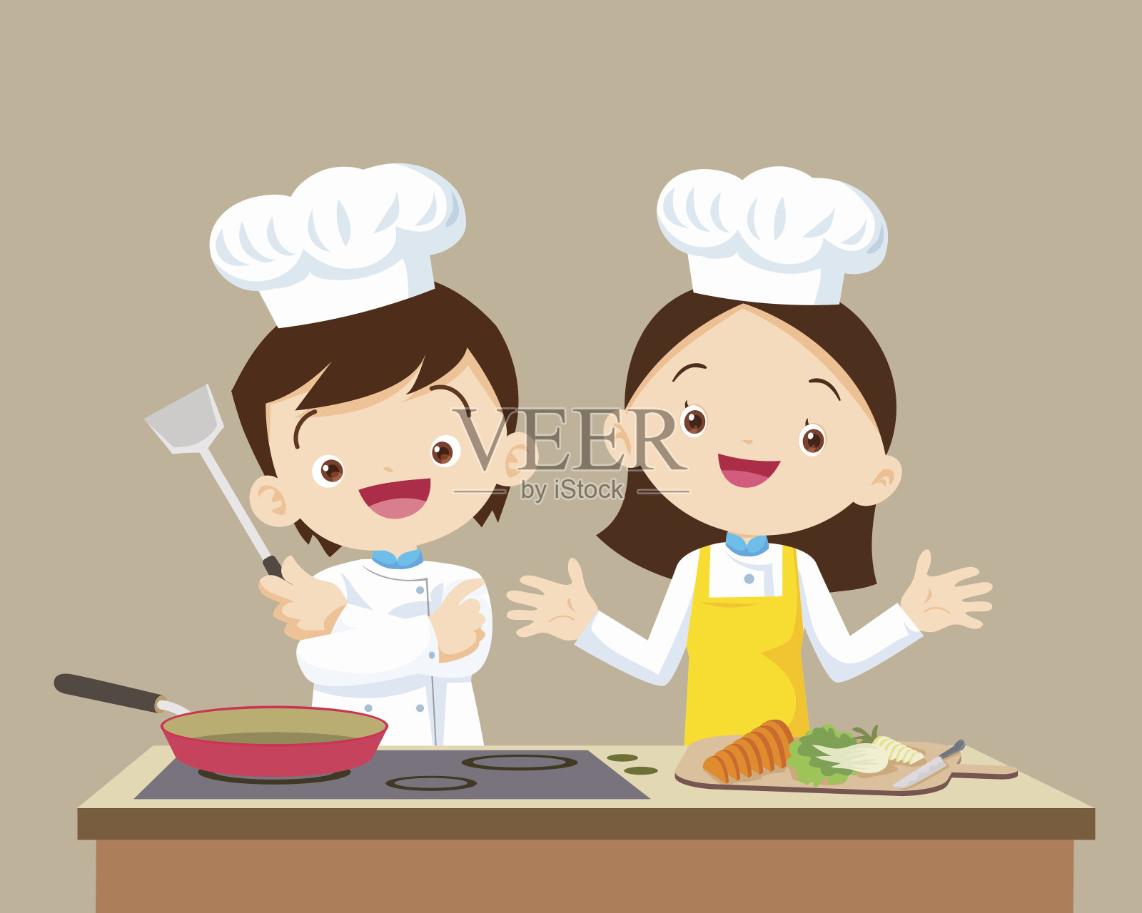 可爱的小厨师男孩和女孩插画图片素材