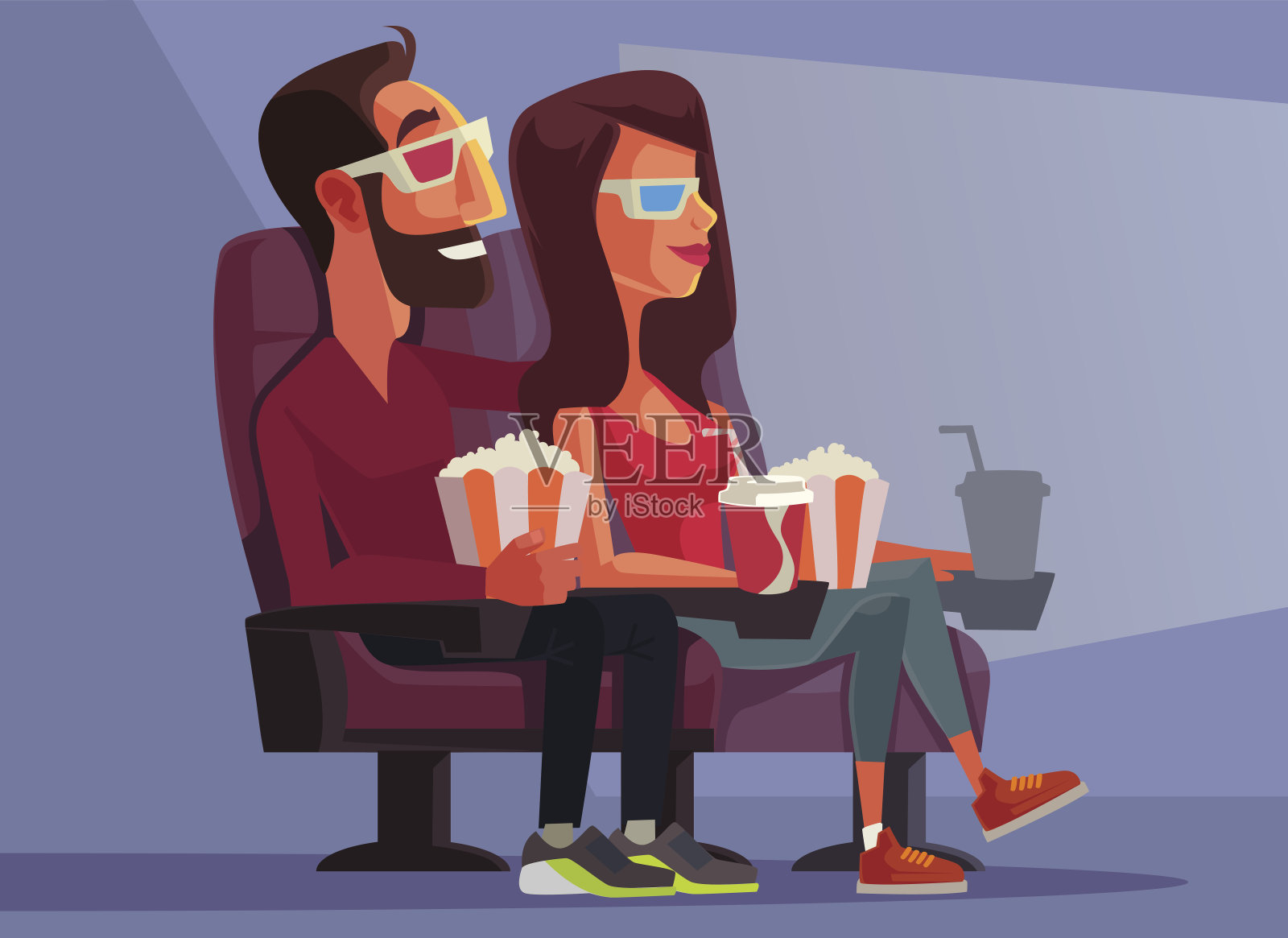幸福微笑的夫妇角色吉祥物在电影院看电影插画图片素材