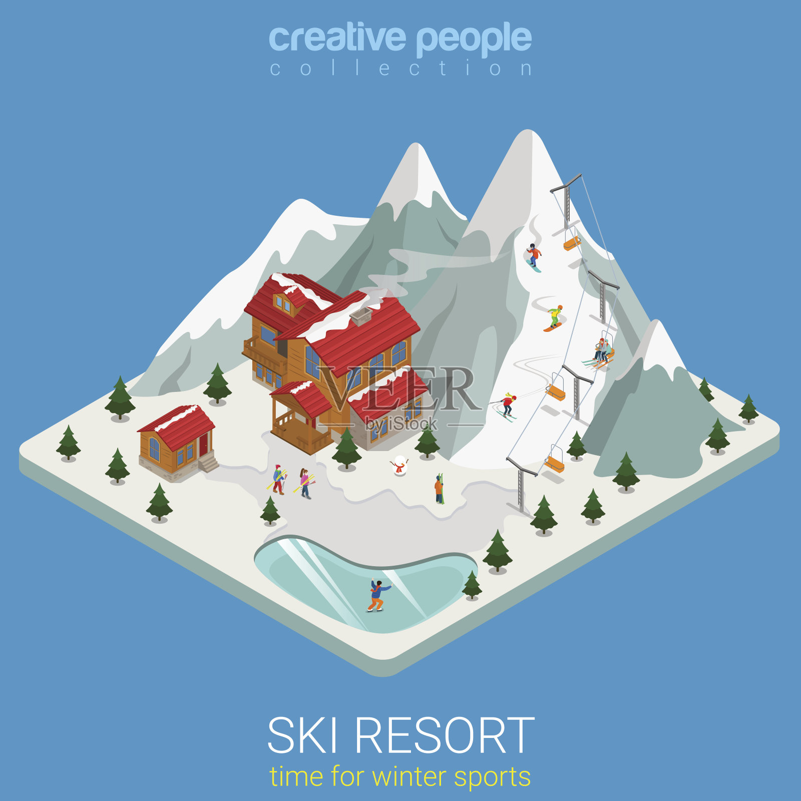 平面3d等距风格滑雪度假村冬季高山运动旅游概念网络信息图矢量插图。片山地滑雪板赛道冰湖。创意人士网站概念集合。插画图片素材