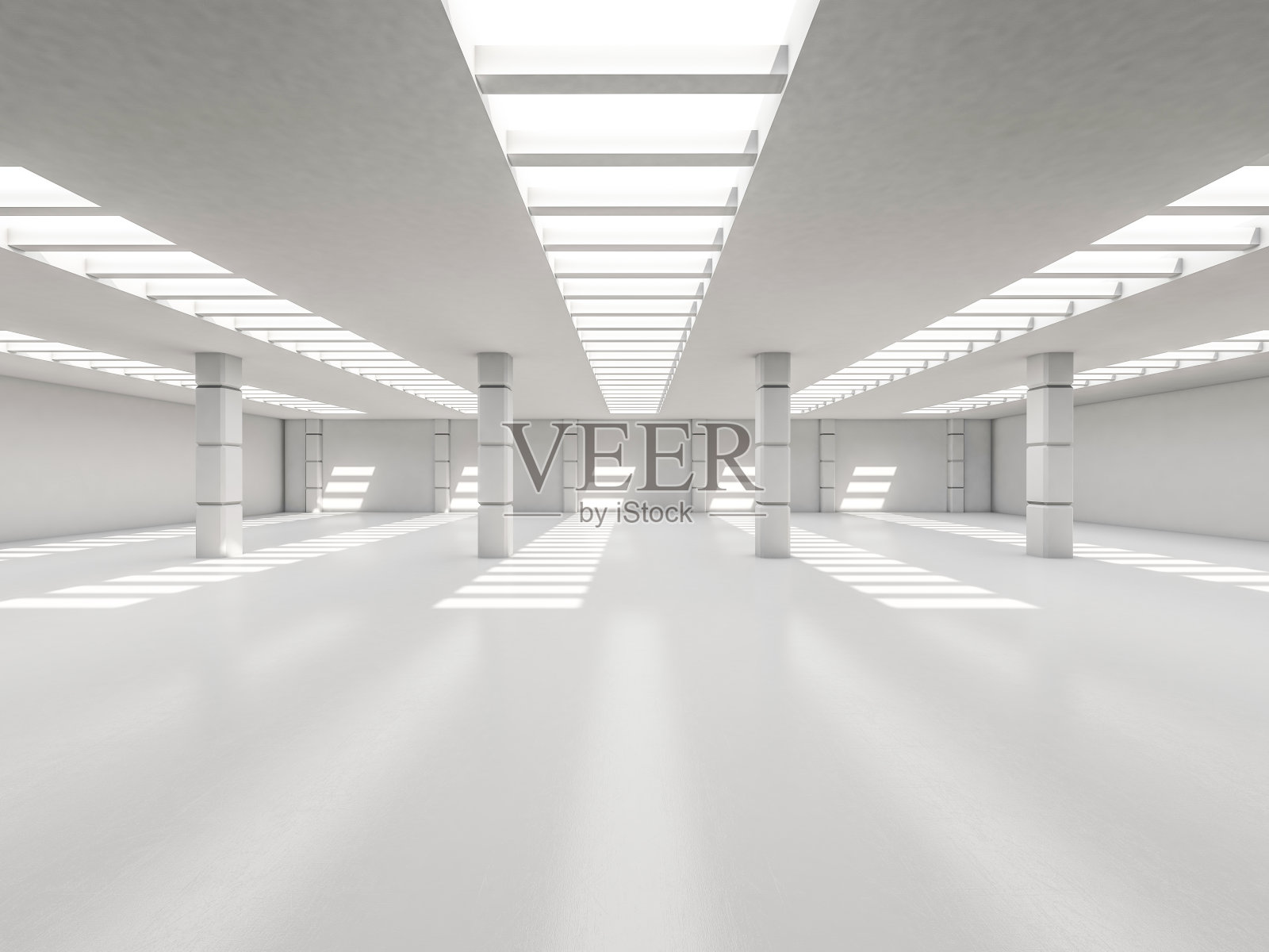 抽象的现代建筑背景，空旷的白色开放空间的室内。三维渲染插画图片素材