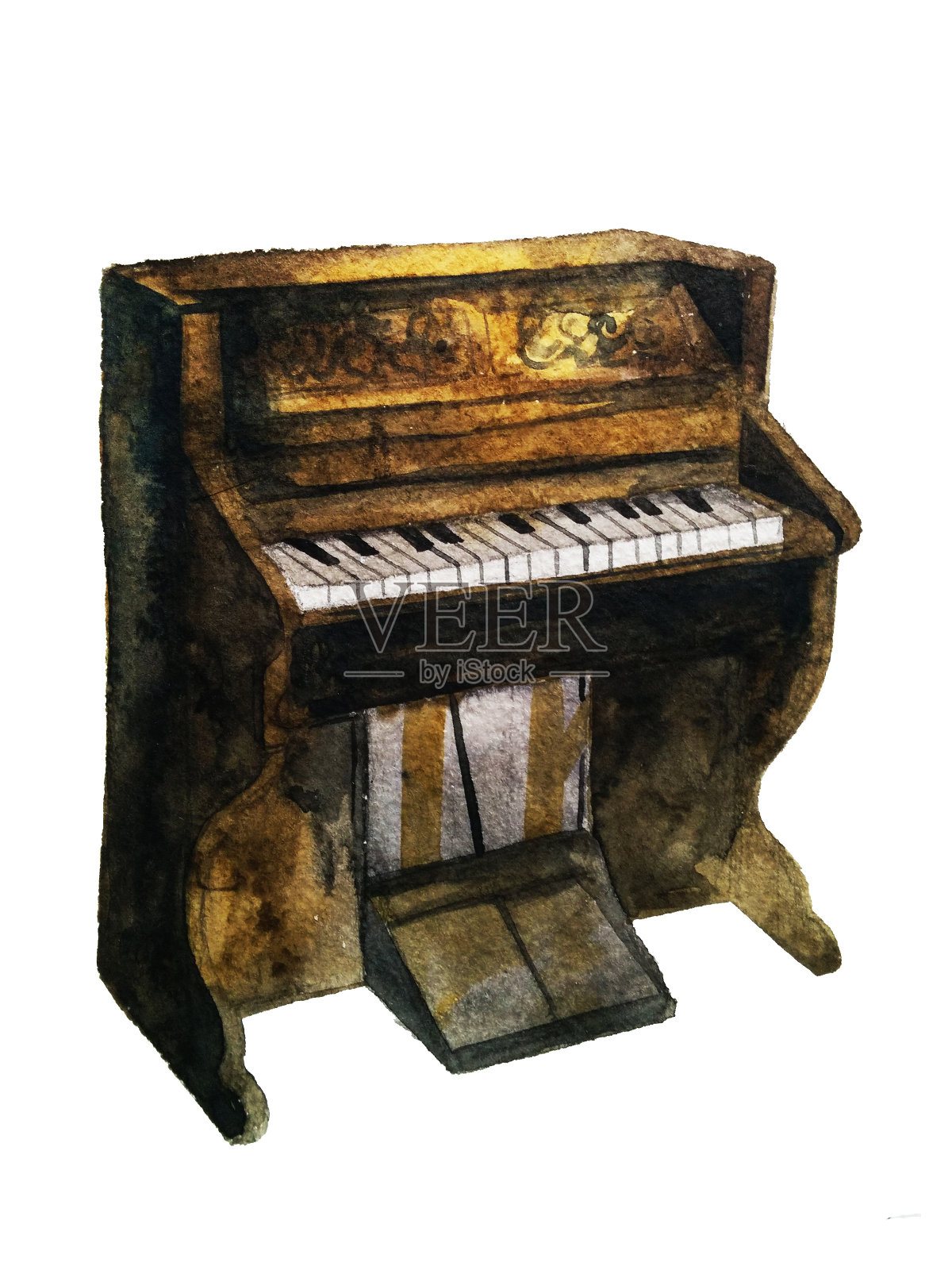 老式钢琴，手绘水彩插图插画图片素材