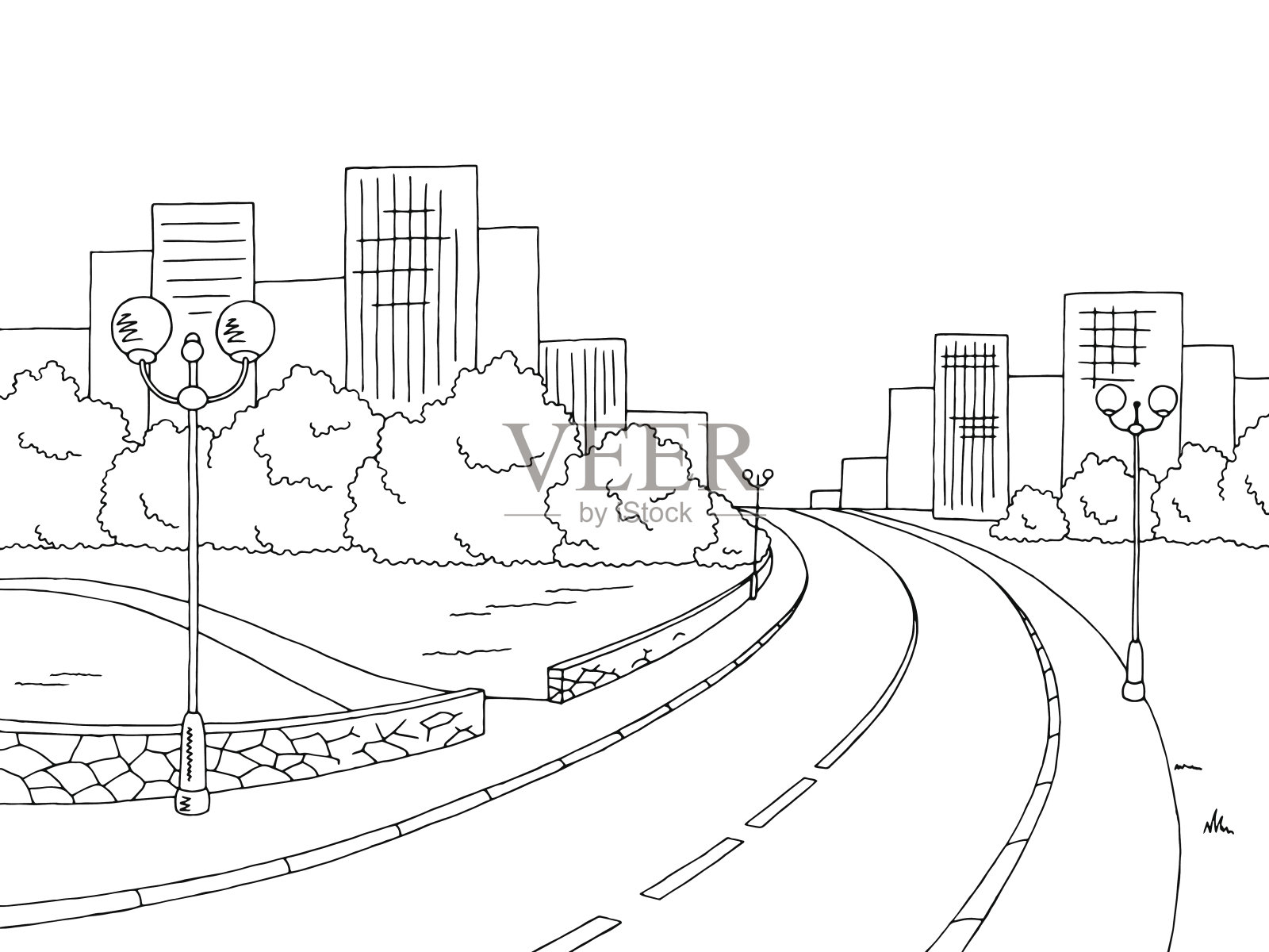 街道道路图形黑白景观素描插图矢量插画图片素材