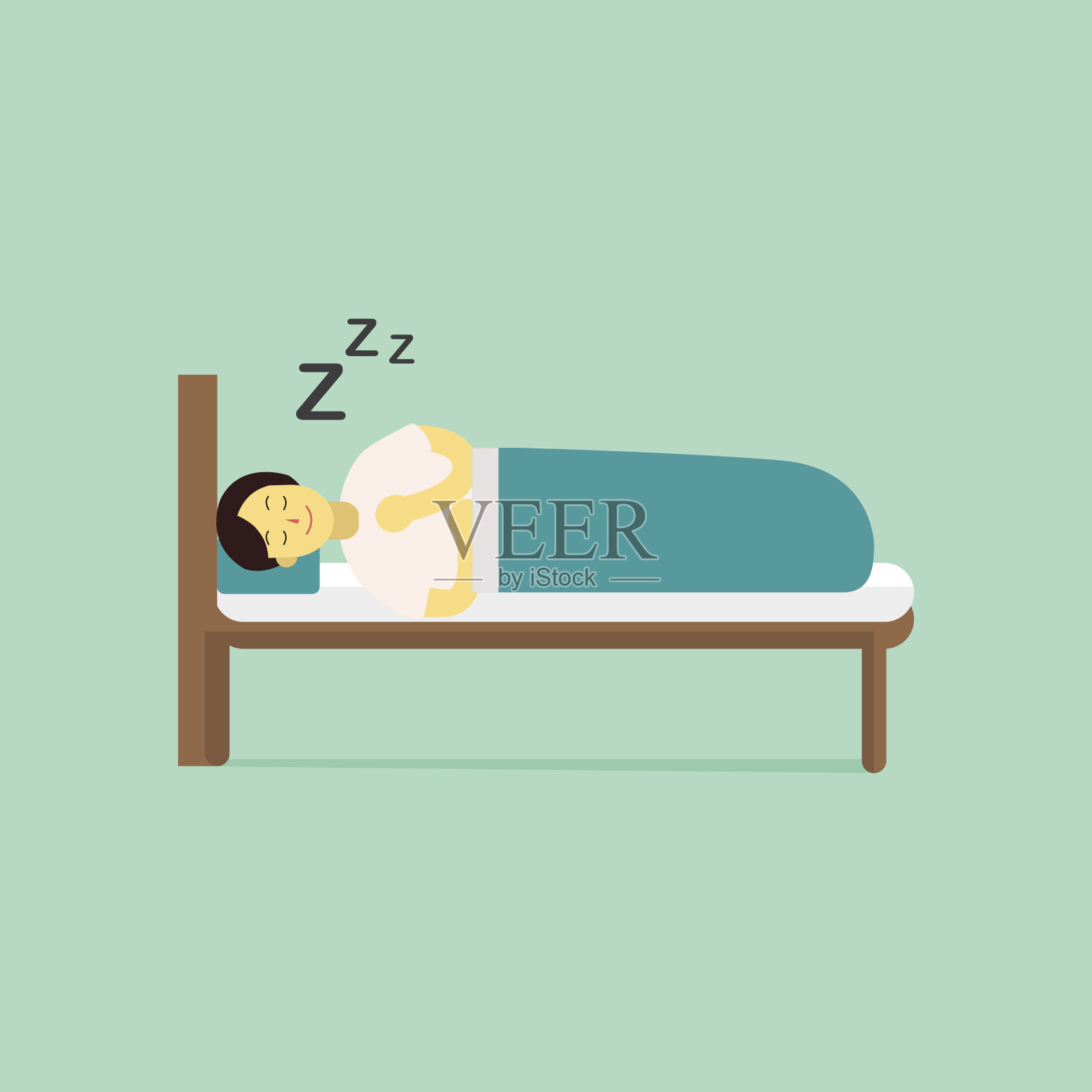 扁平的年轻人穿着睡衣，枕着枕头，盖着毯子睡在木床上。睡眠向量和插图与贪睡标志。插画图片素材