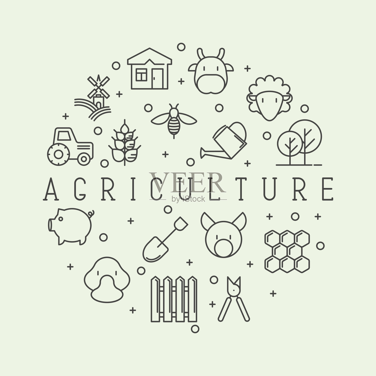 农业概念与不同的动物，工具和符号的生态产品，农业传单和横幅。细线矢量插图。插画图片素材