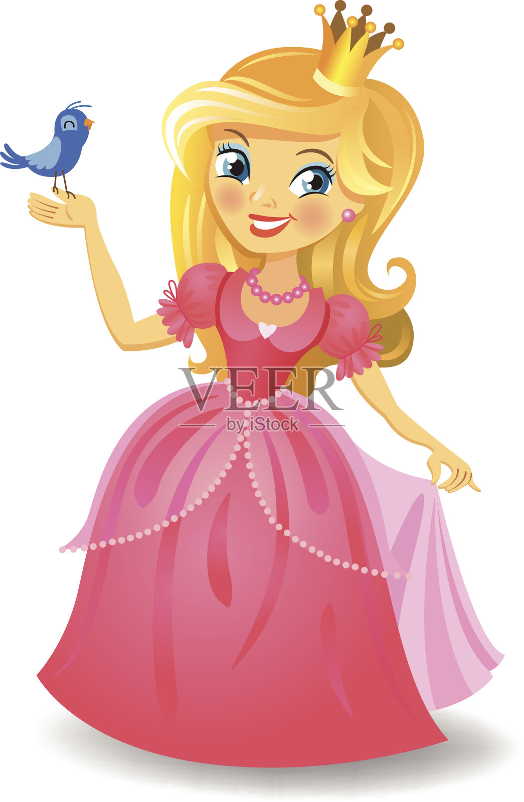 卡通公主穿着粉红色的裙子，抱着一只蓝色的小鸟插画图片素材