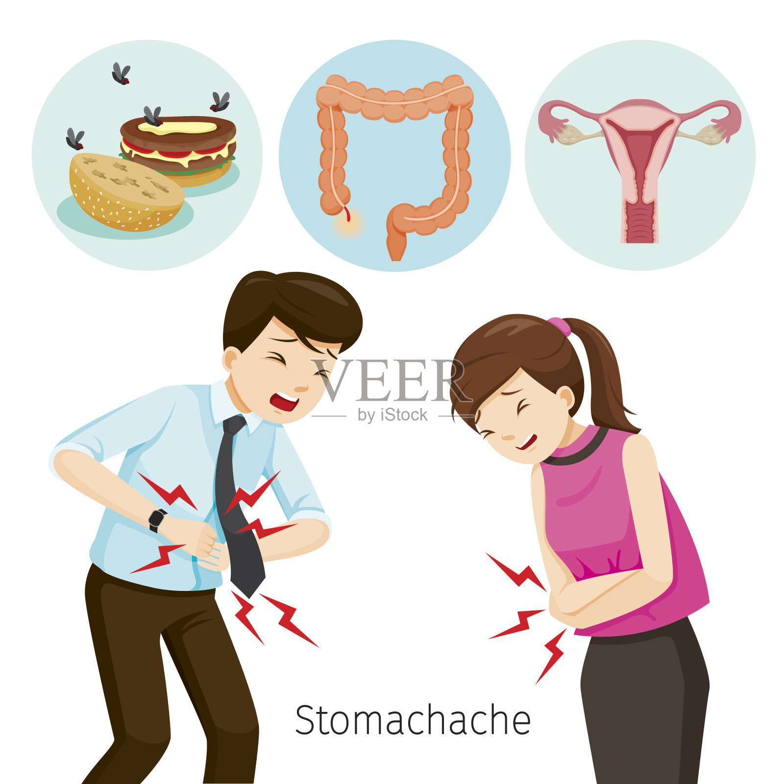 男人和女人胃痛插画图片素材