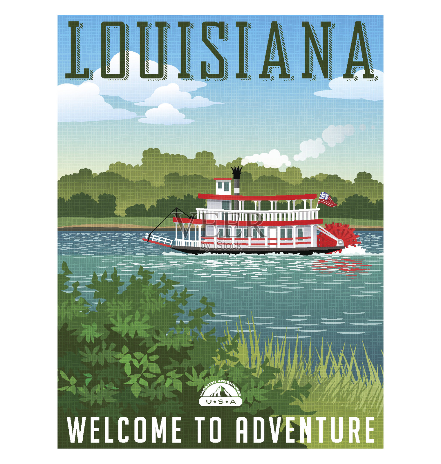 路易斯安那州的旅游海报或贴纸。矢量插图的桨轮，河船和风景景观插画图片素材