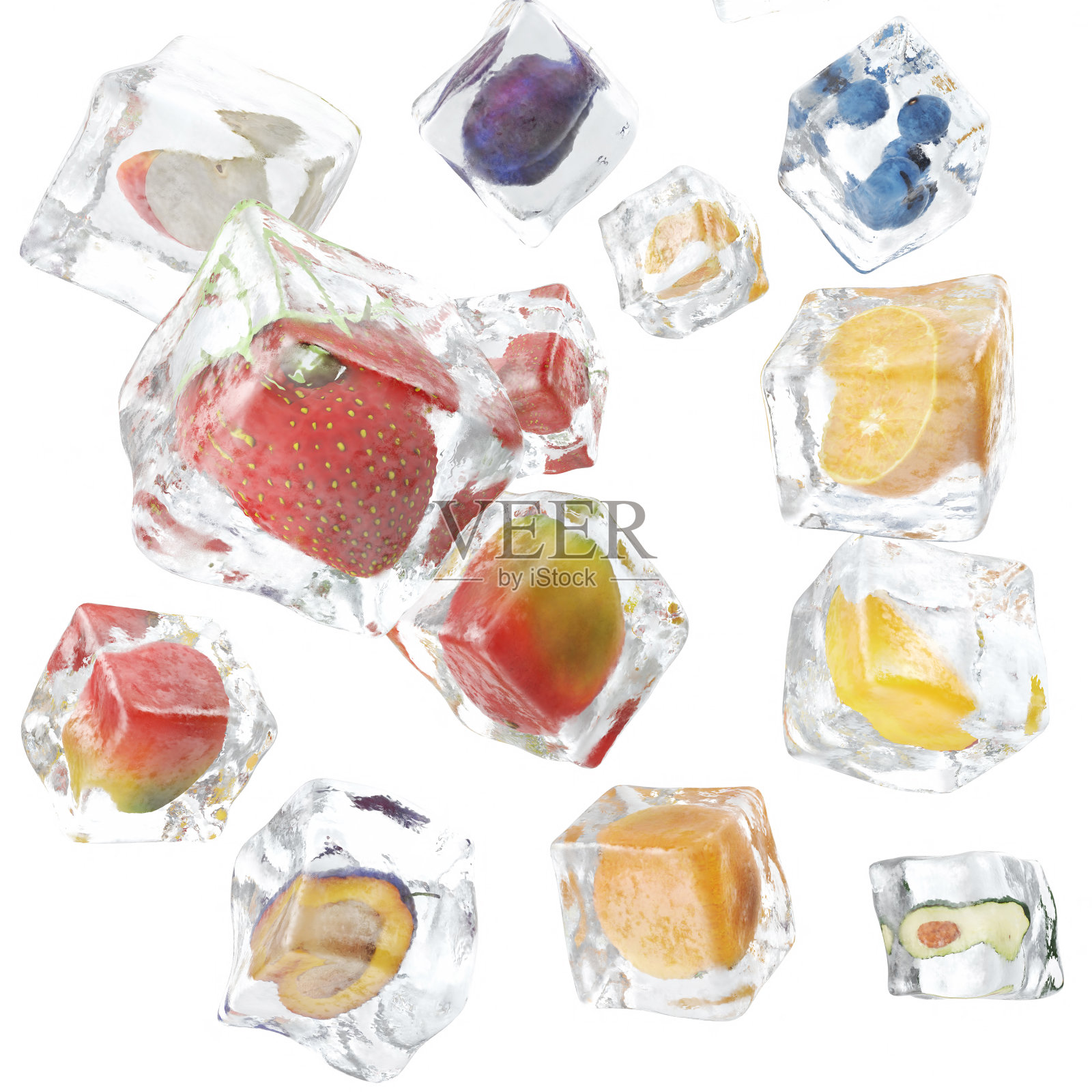 水果冷冻在冰立方，冰立方在前视图，单个冰立方孤立在白色背景。三维渲染照片摄影图片