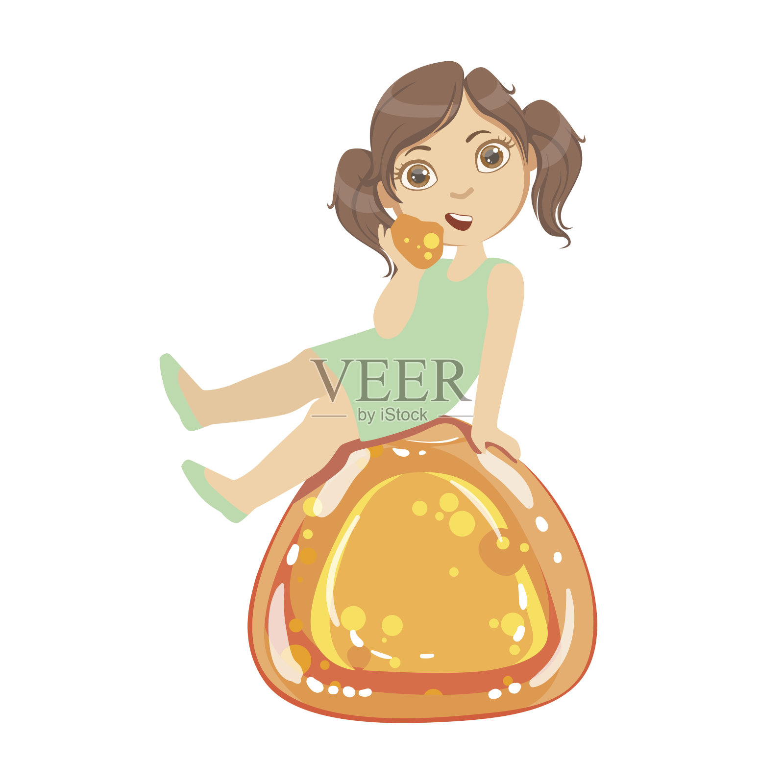 小女孩坐在一个巨大的橙色果冻安迪，一个彩色的角色设计元素图片