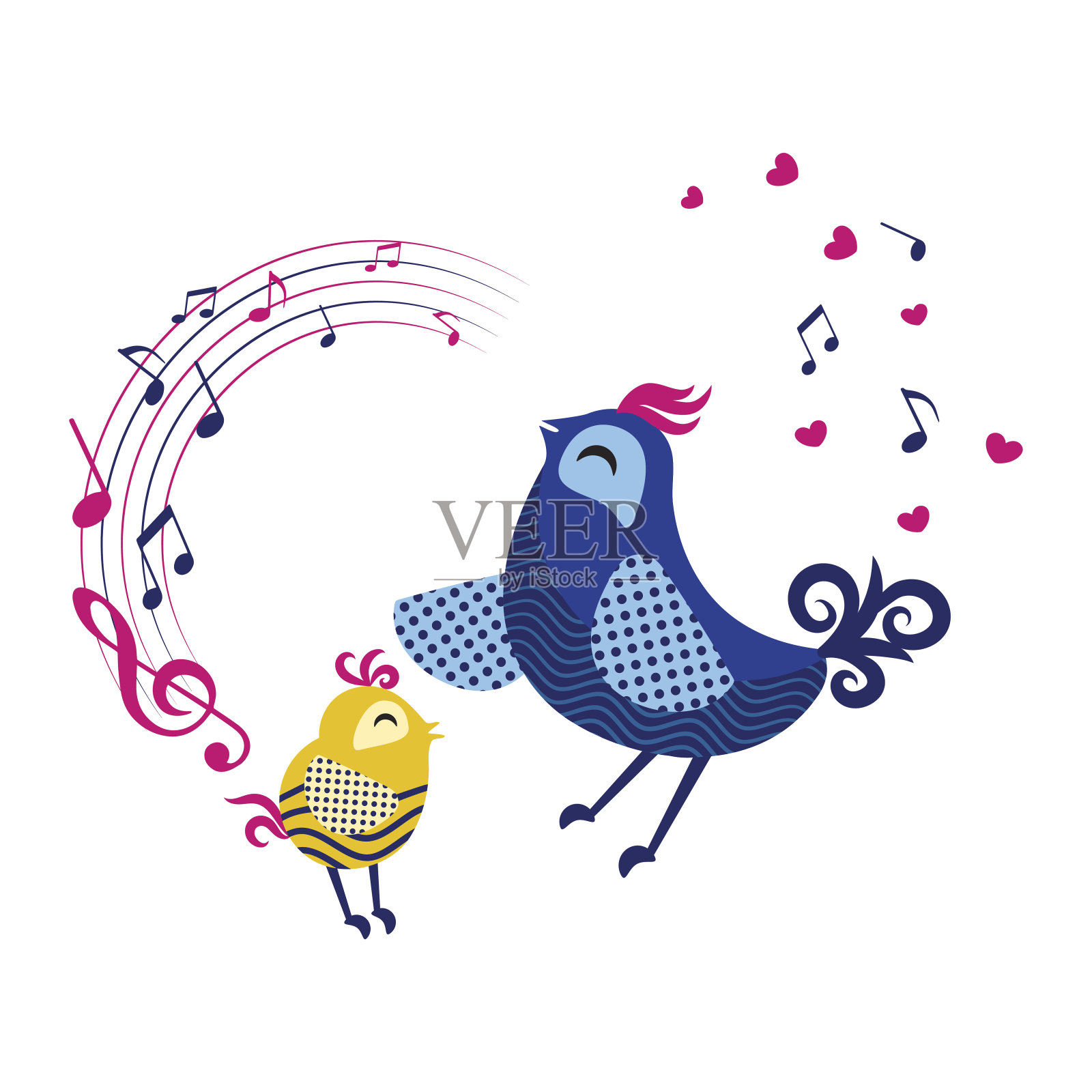 可爱的鸟妈妈和鸟宝宝唱歌。插画图片素材