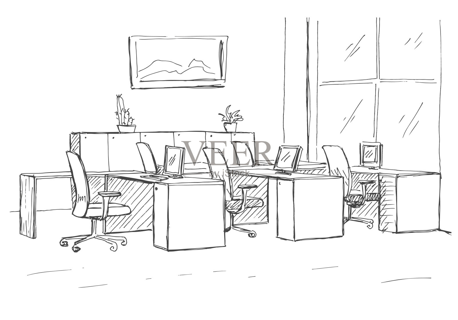 开放空间的办公室。在户外工作场所。桌子，椅子和窗户。矢量插图在一个草图风格。插画图片素材