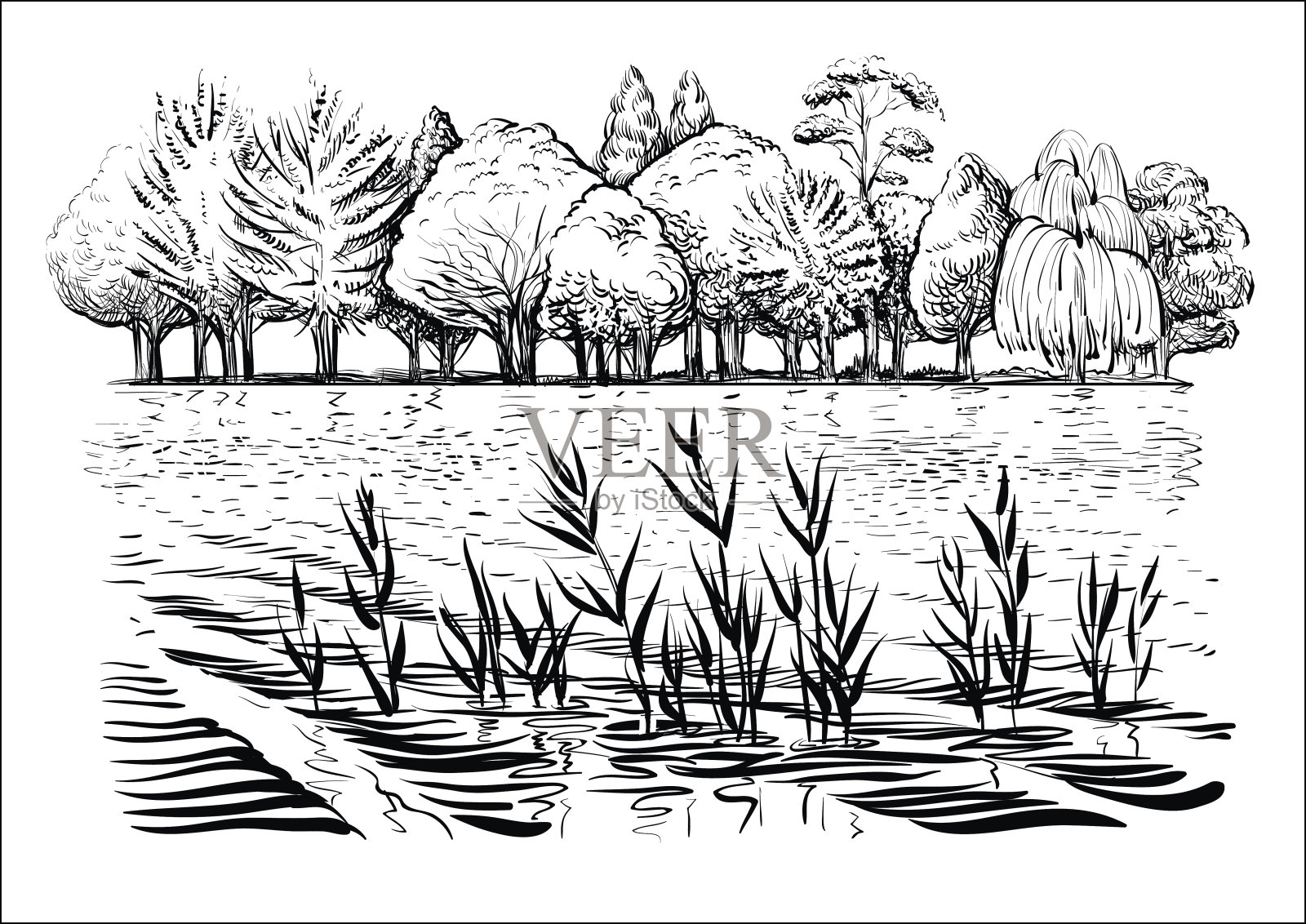 矢量插图的河流景观与树木，水波和反射。黑白素描。插画图片素材