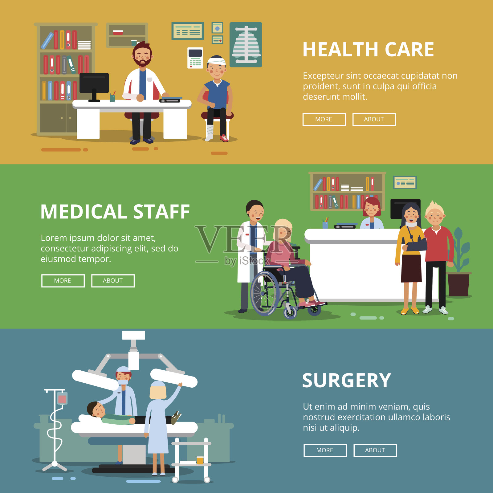 医疗保健概念图片的三个水平矢量横幅。医院的医务室和办公室。病人和医生插画图片素材