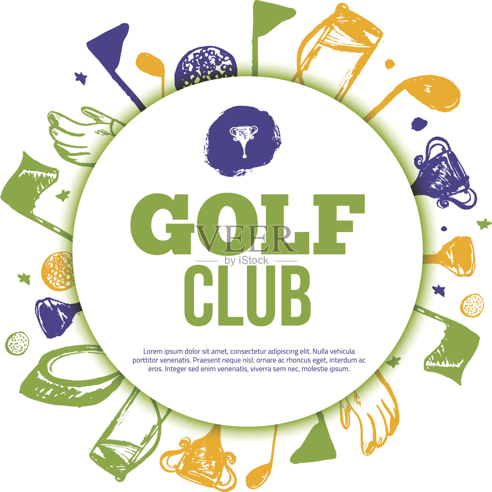 高尔夫球圈旗帜比赛邀请与手绘垃圾元素。易于编辑您的晋升设计模板素材