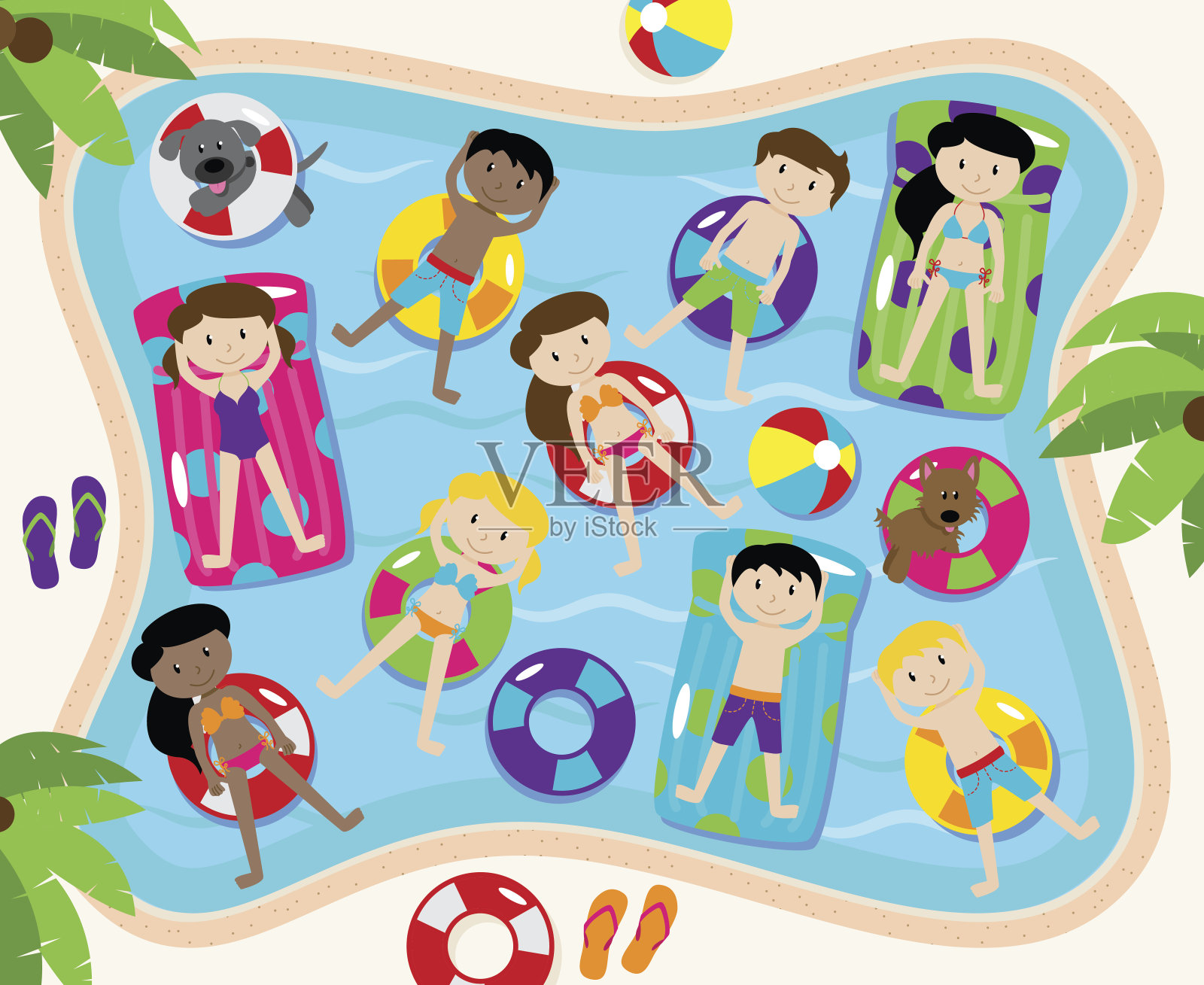 泳池派对矢量集，包括泳池背景和儿童和狗游泳插画图片素材