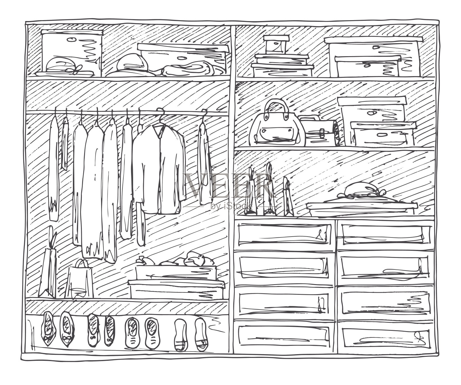 开放式衣柜，衣服放在架子和衣架上。矢量插图的草图风格。插画图片素材