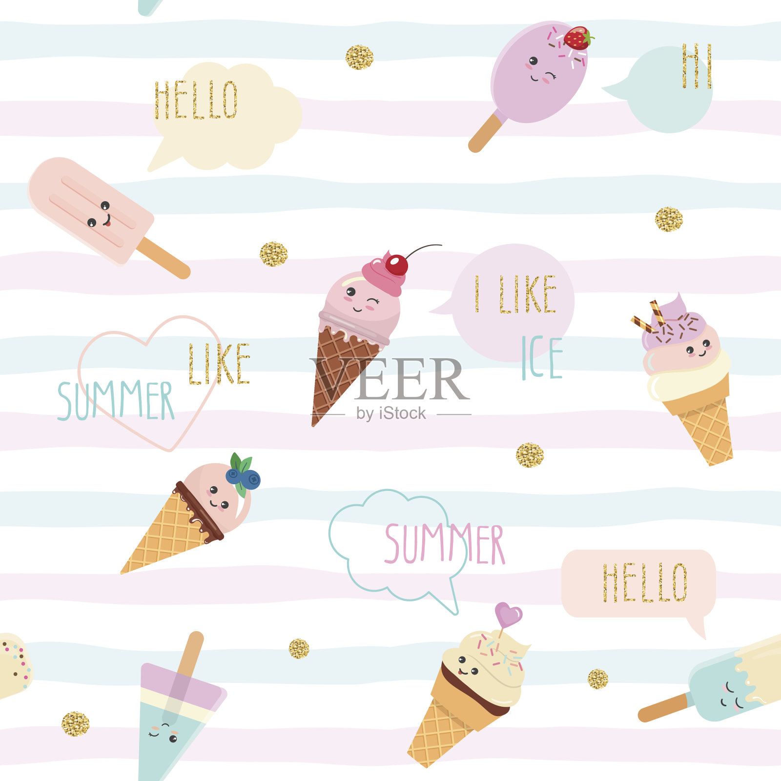 有趣的夏季无缝图案背景与卡通冰淇淋和讲话气泡。用于印刷和网页。插画图片素材